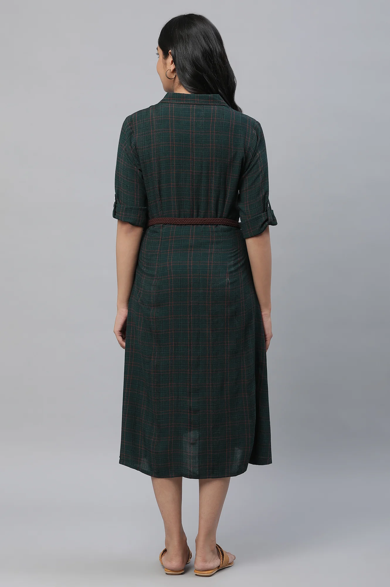 Green Checker Shirt Dress with Belt - Image 4