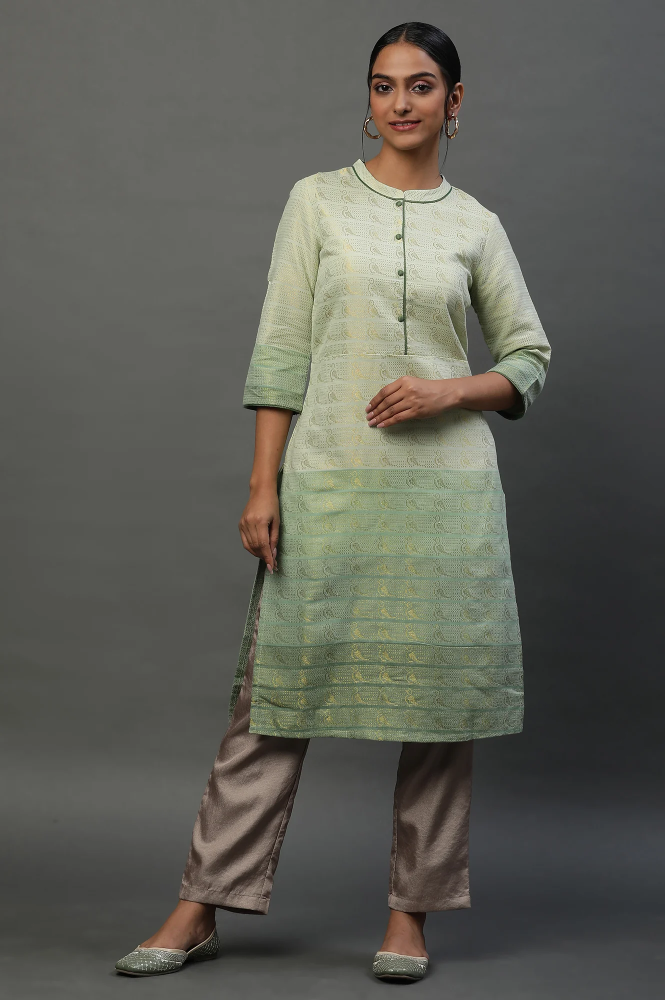 Green Colour Blocked Zari Dobby Kurta - Image 3