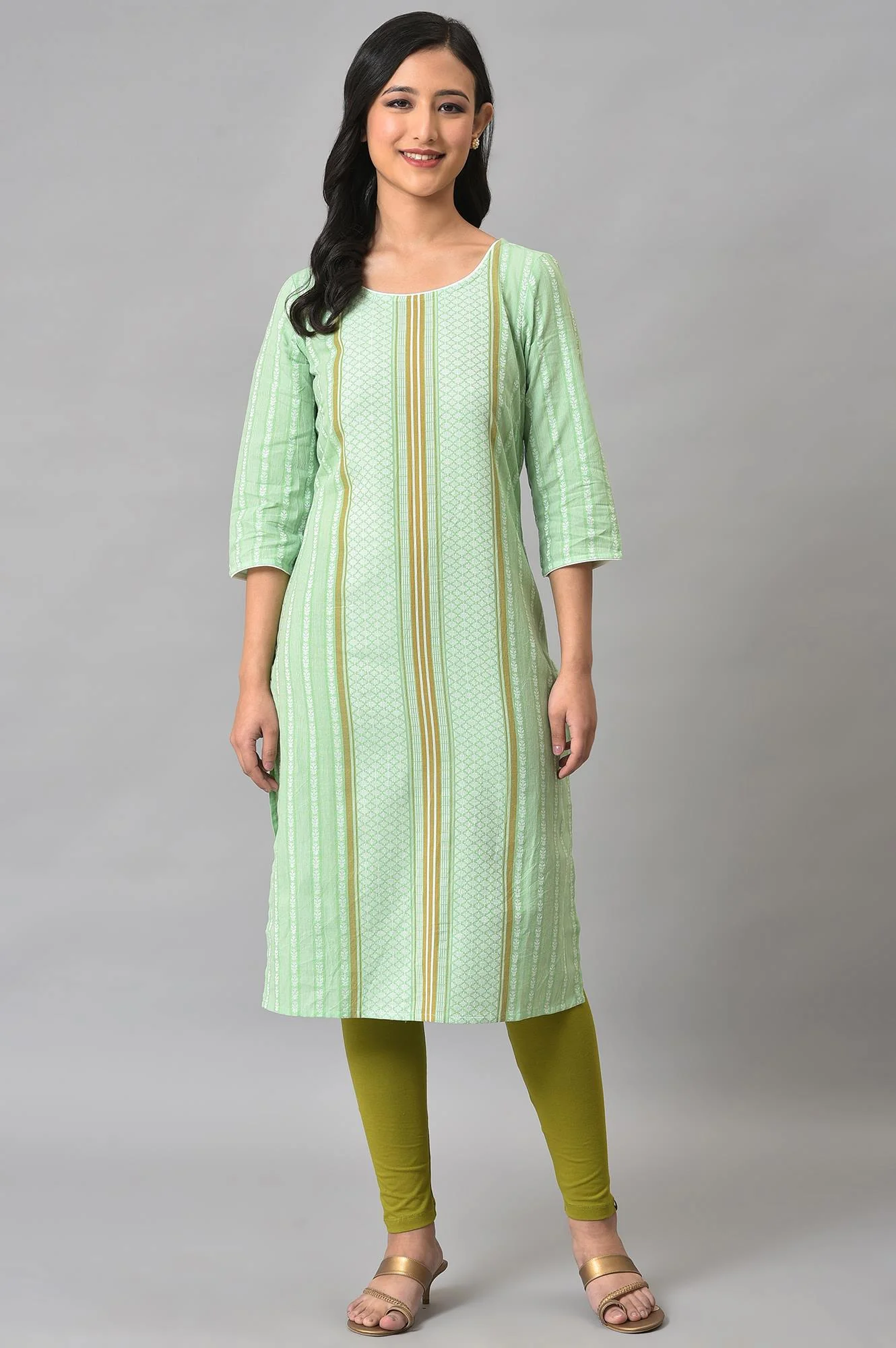 Green Cotton Dobby Printed Kurta - Image 2