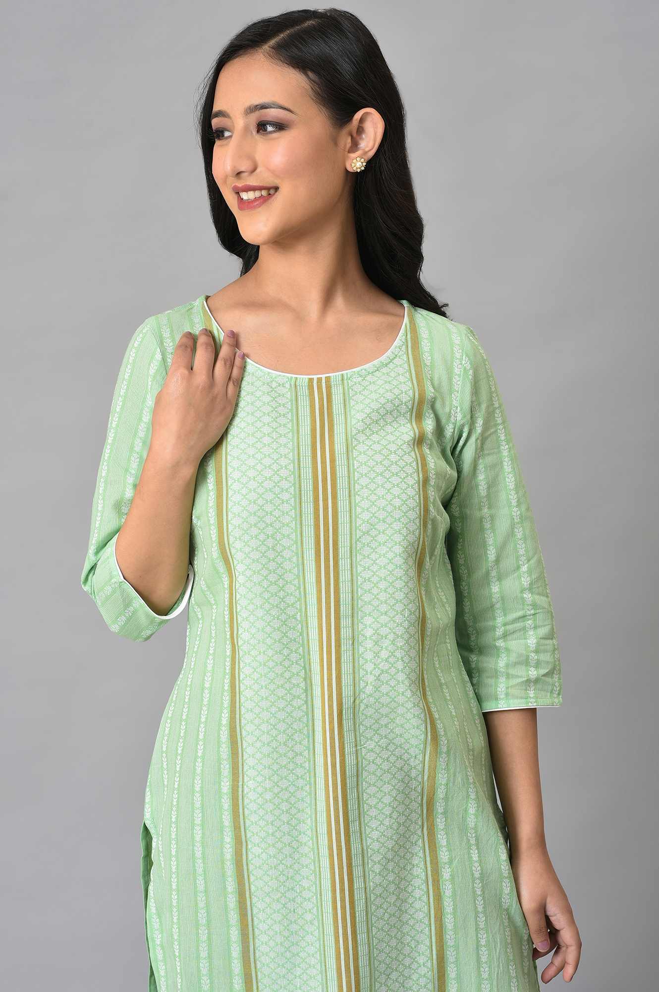 Green Cotton Dobby Printed Kurta - Image 6