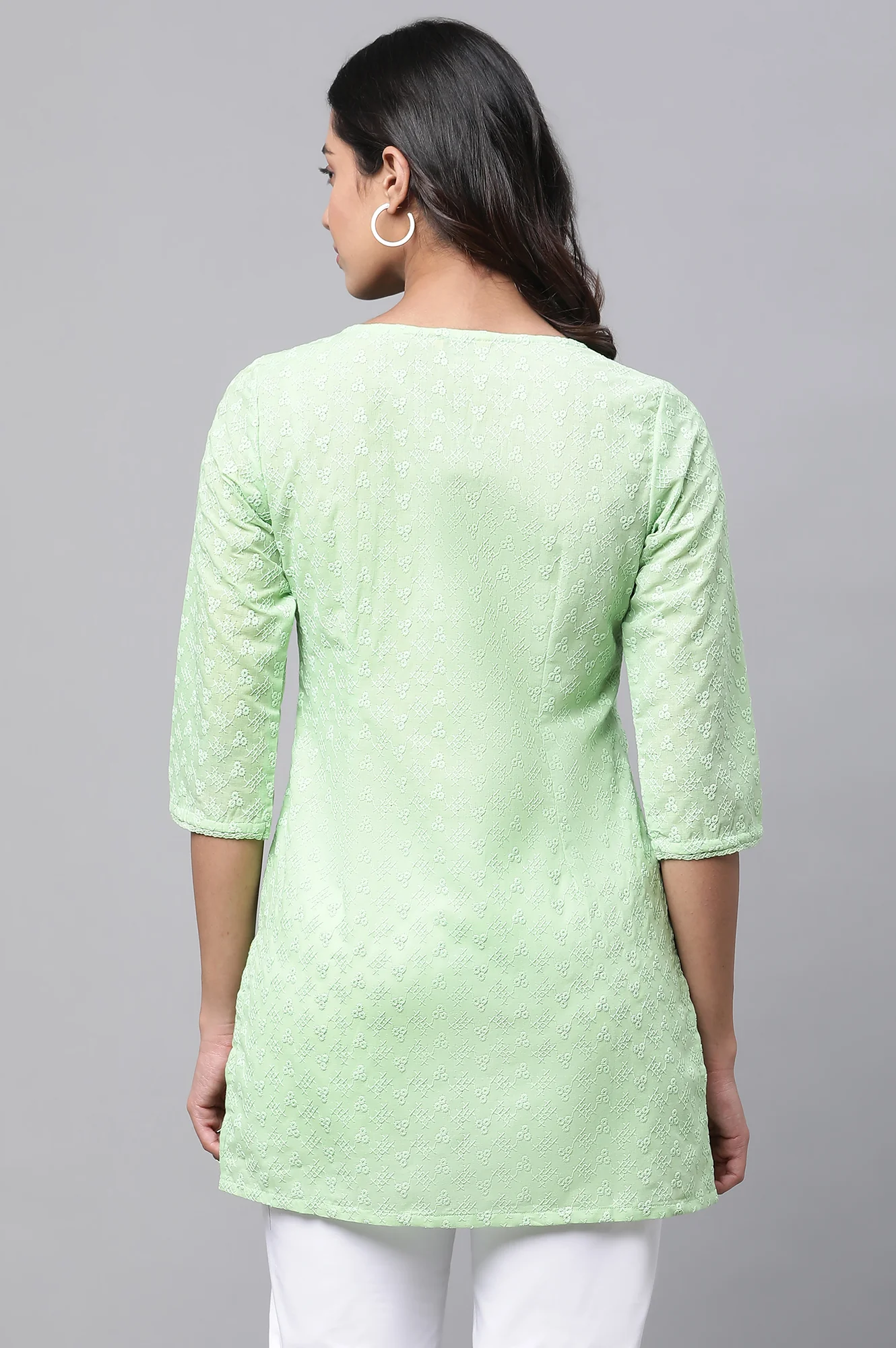 Green Cotton Schiffli Floral Embroidered Short Kurti - Image 3
