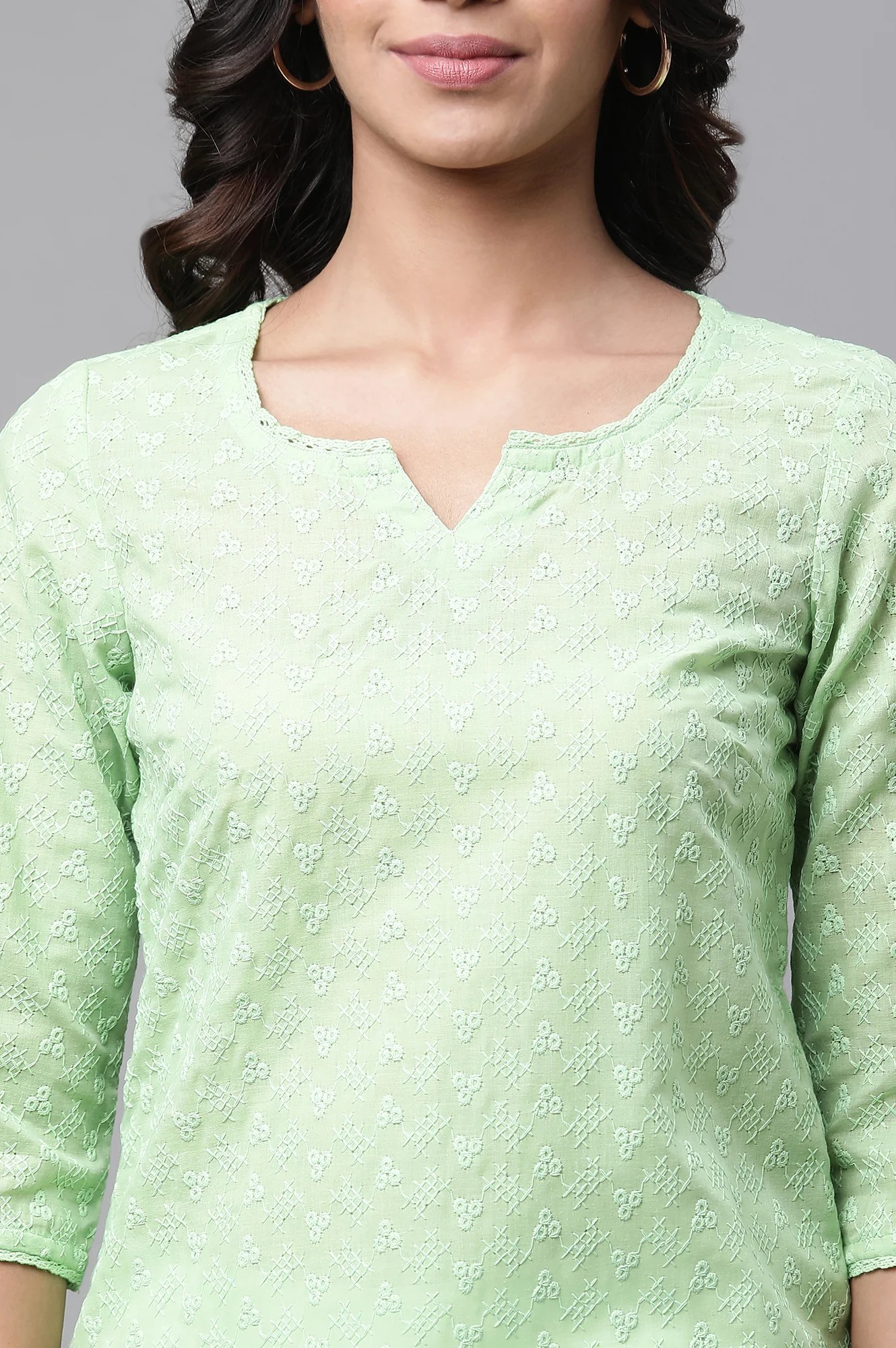 Green Cotton Schiffli Floral Embroidered Short Kurti - Image 6