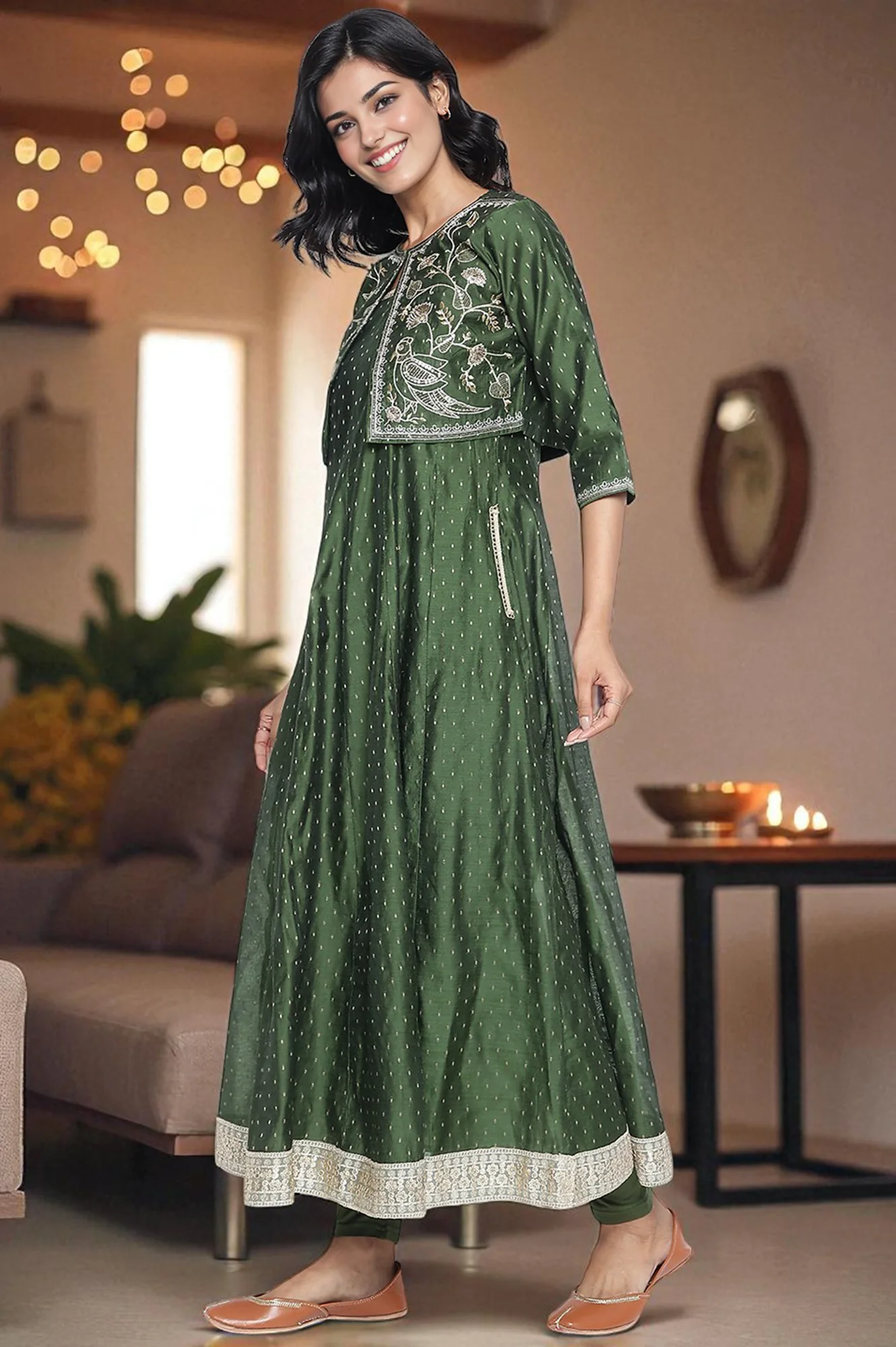 Green Dyed Printed Dori Embroidery Chanderi Butta Anarkali Kurta, Legging and Jacket Set - Image 3