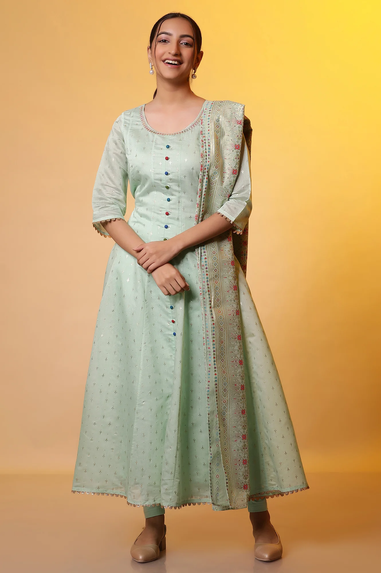 Green Embellished Anarkali Kurta, Tights and Dupatta Set - Image 3