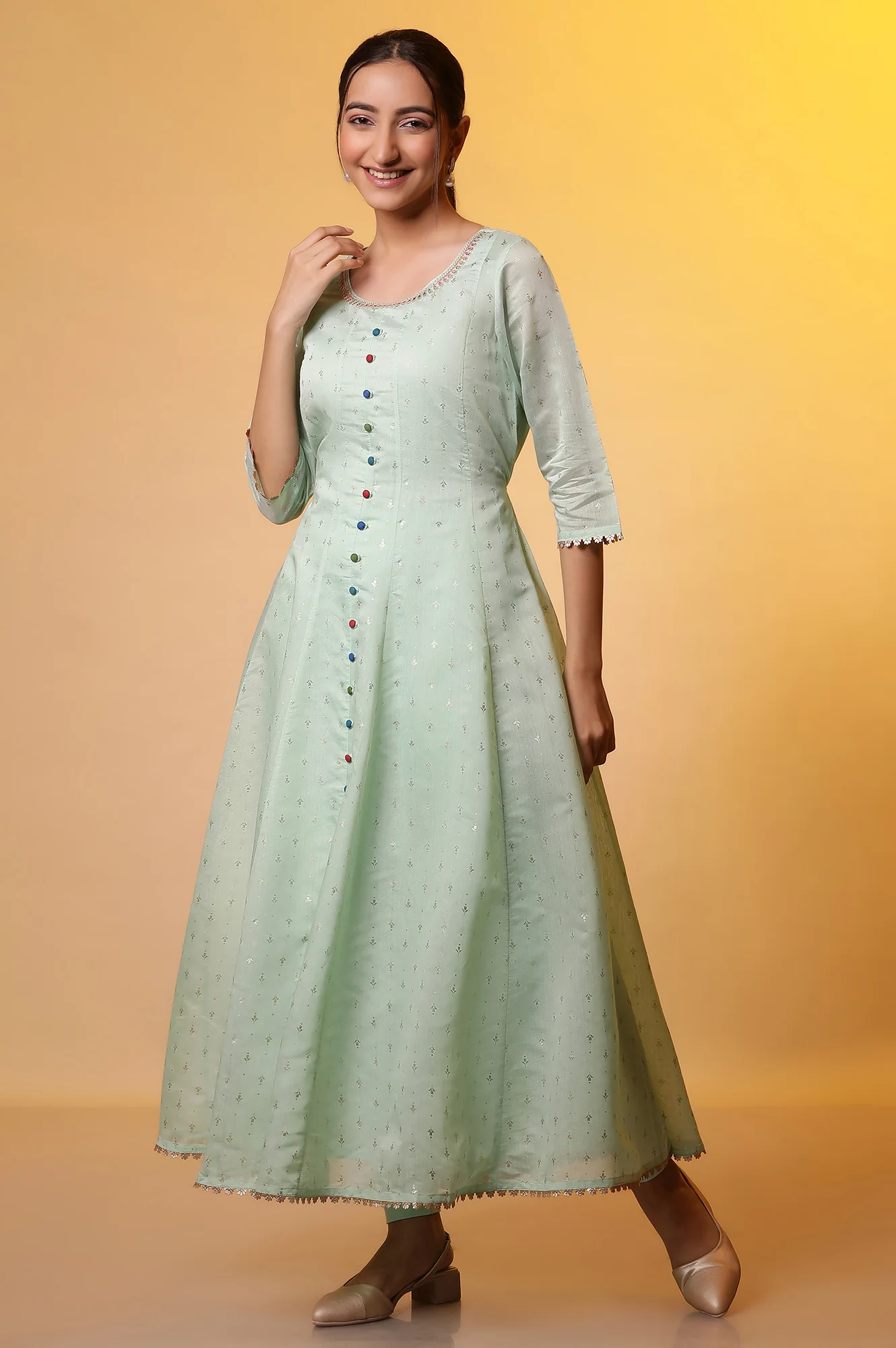 Green Embellished Anarkali Kurta, Tights and Dupatta Set - Image 4