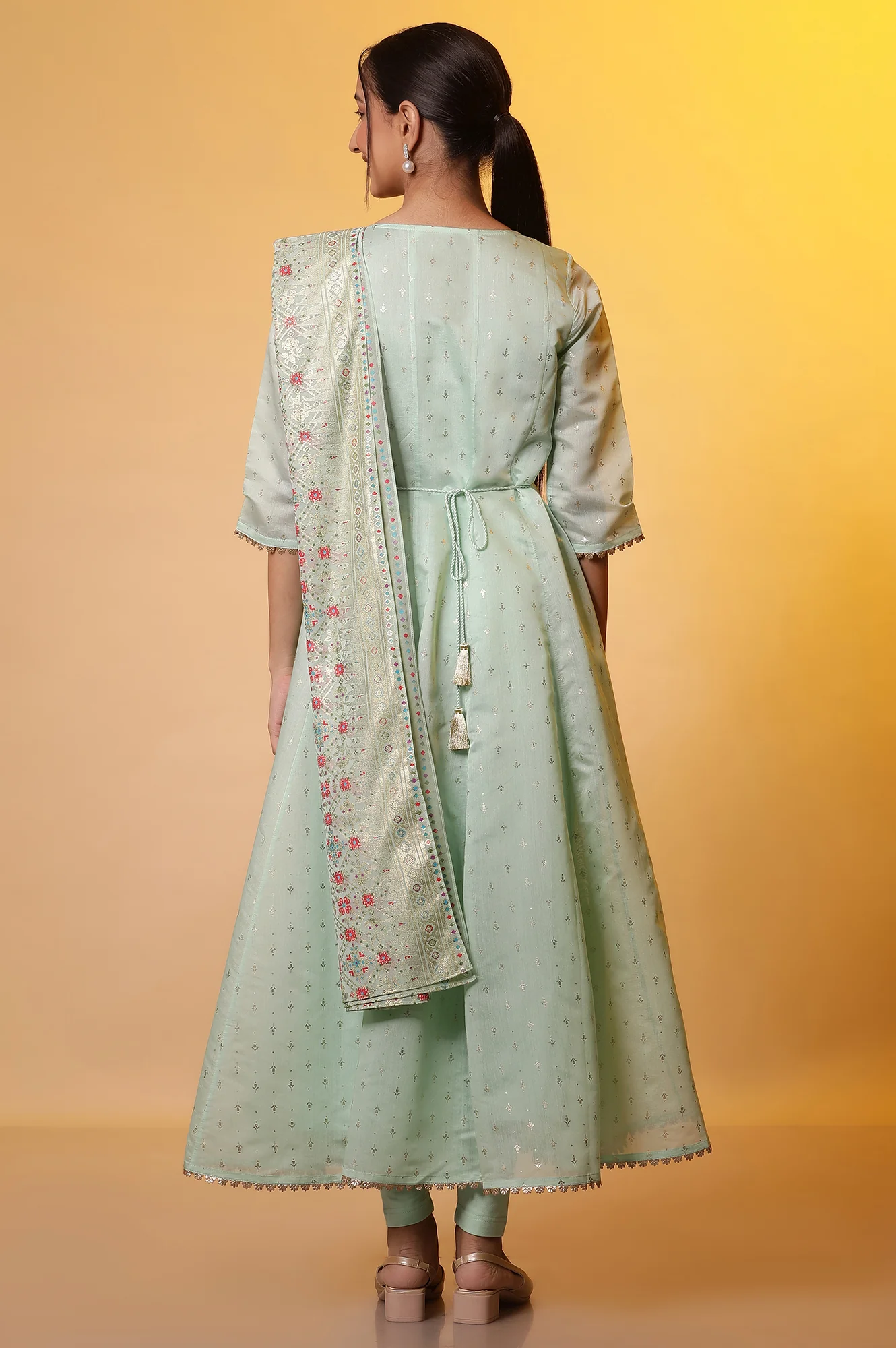 Green Embellished Anarkali Kurta, Tights and Dupatta Set - Image 5