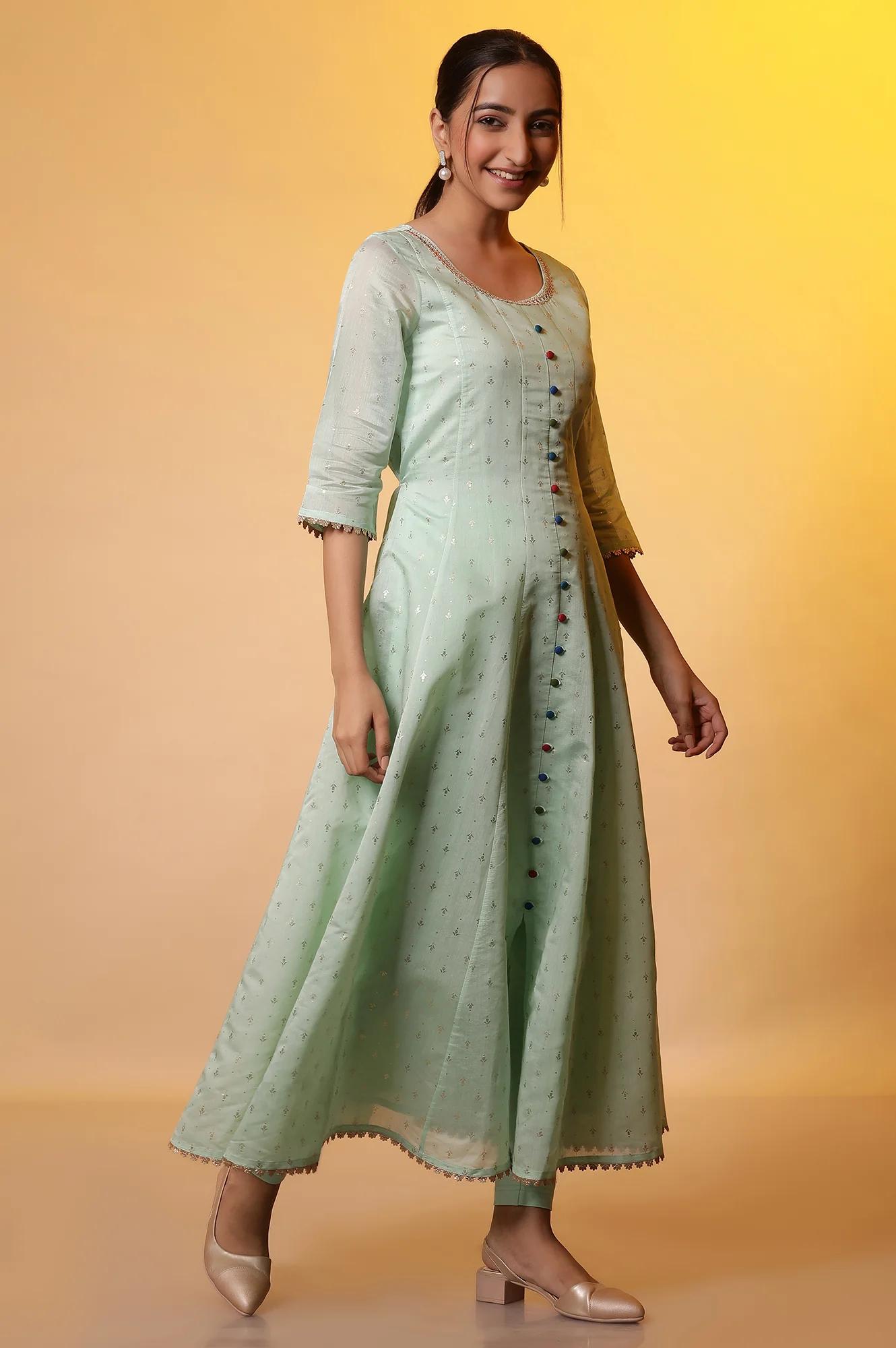 Green Embellished Anarkali Kurta, Tights and Dupatta Set - Image 6
