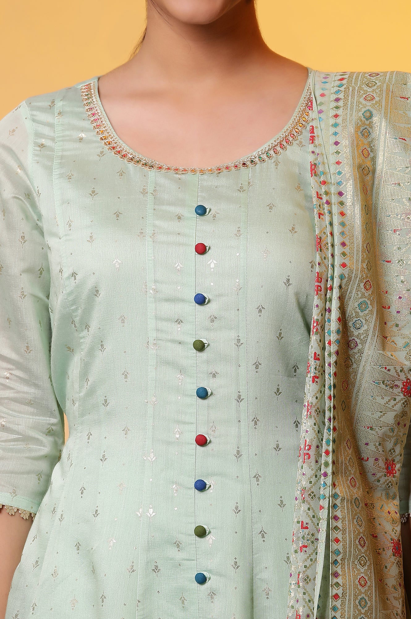 Green Embellished Anarkali Kurta, Tights and Dupatta Set - Image 7