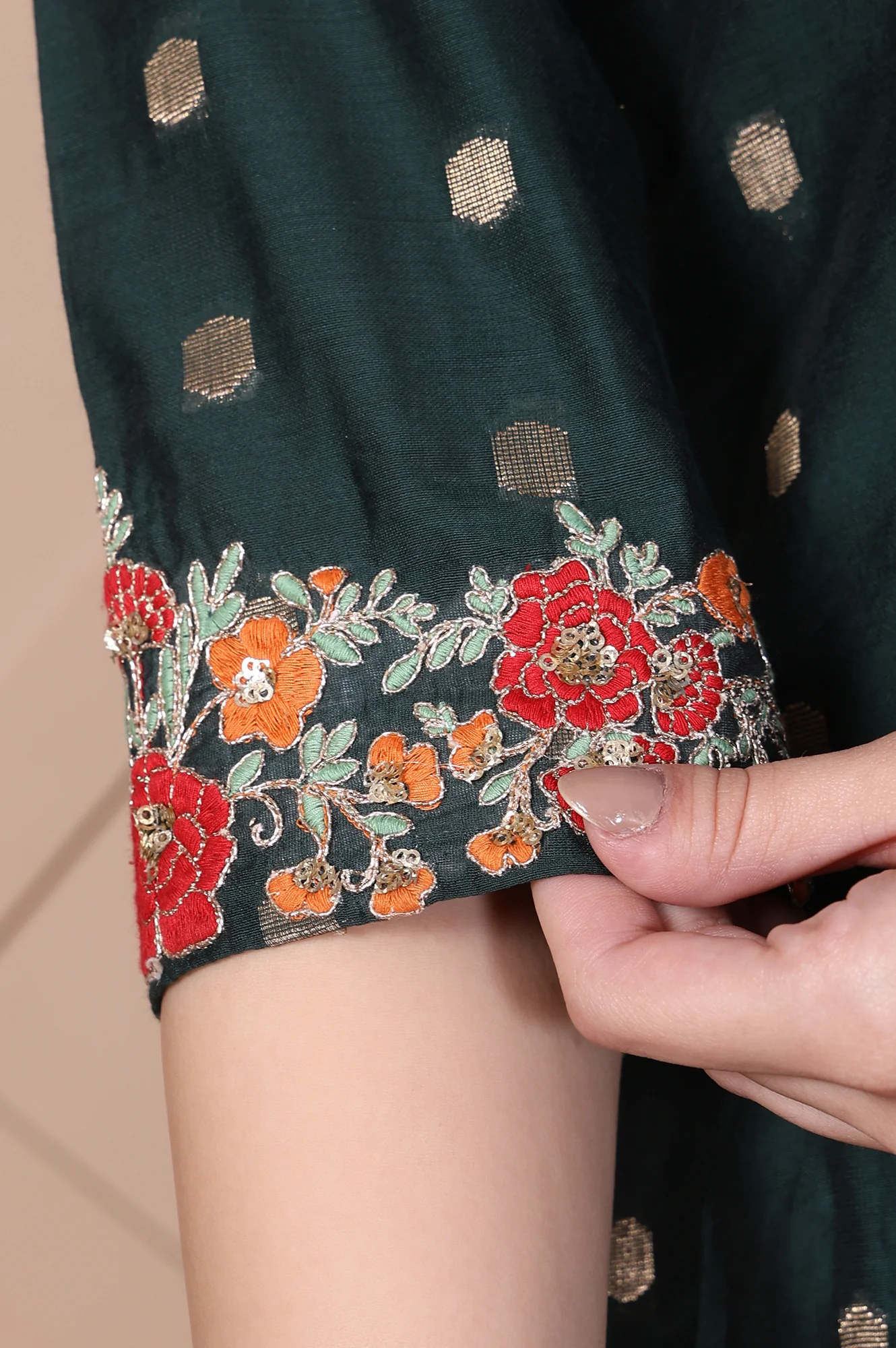 Green Embroidered A-Line Silk Blend Kurta with Legging and Dupatta Set - Image 7