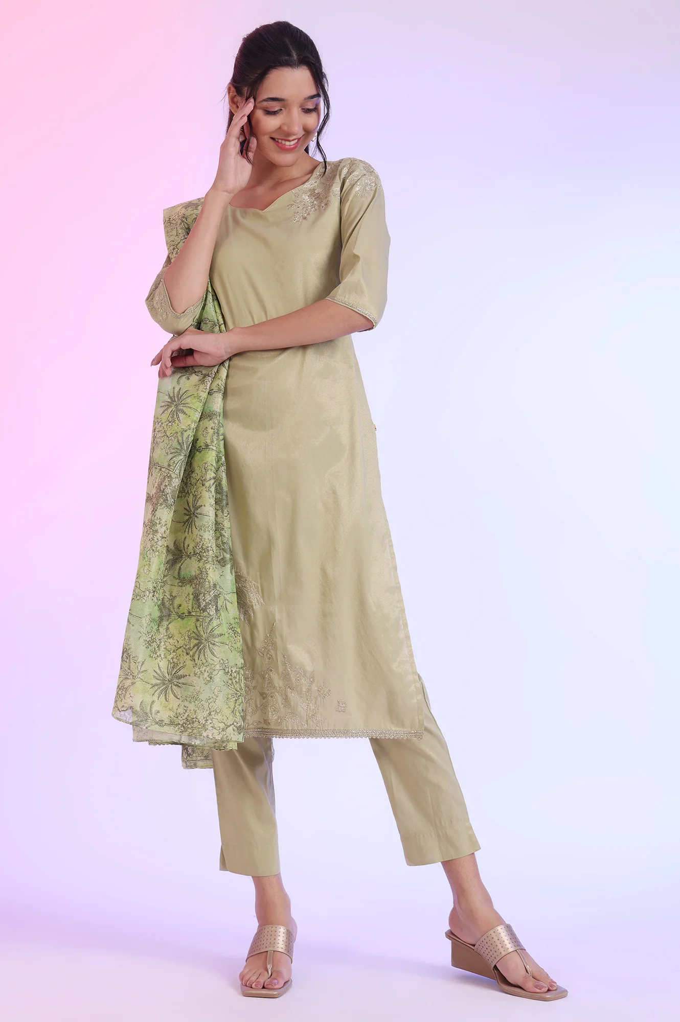 Green Embroidered Blend Straight Kurta with Trousers & Dupatta Set - Image 2