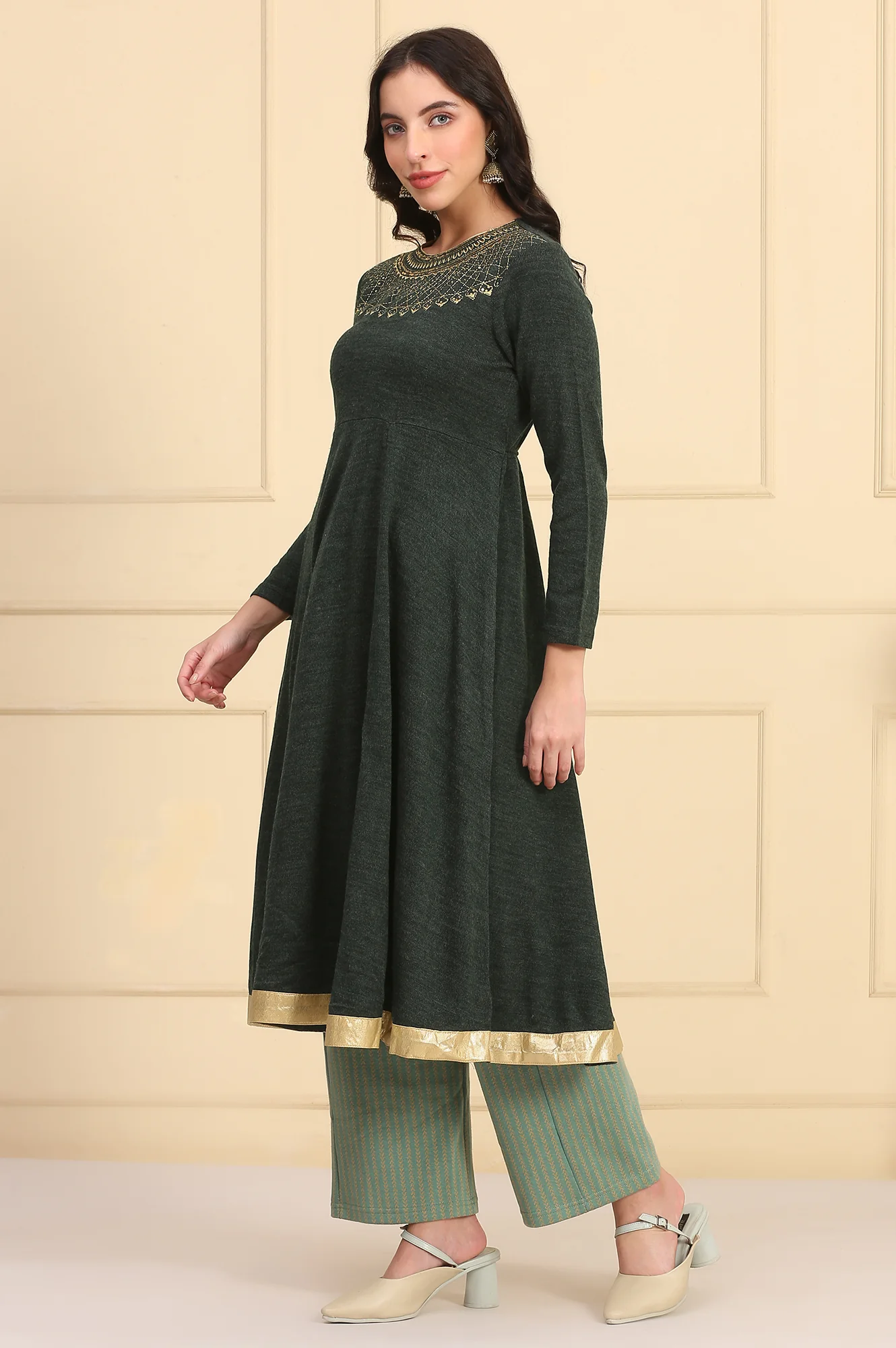 Green Embroidered Flared Winter Dress - Image 4