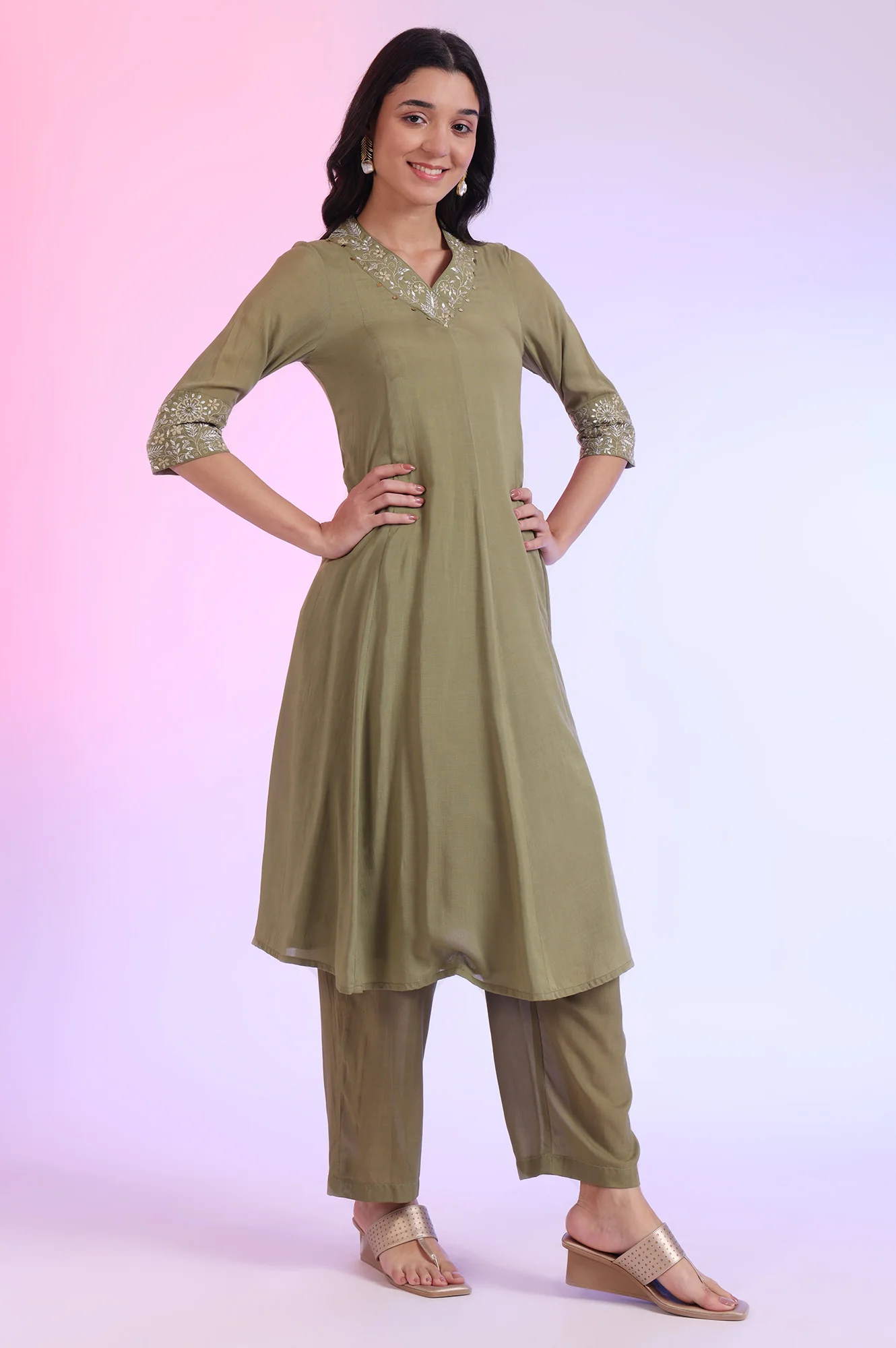 Green Embroidered Anarkali with Palazzos & Dupatta Set - Image 7