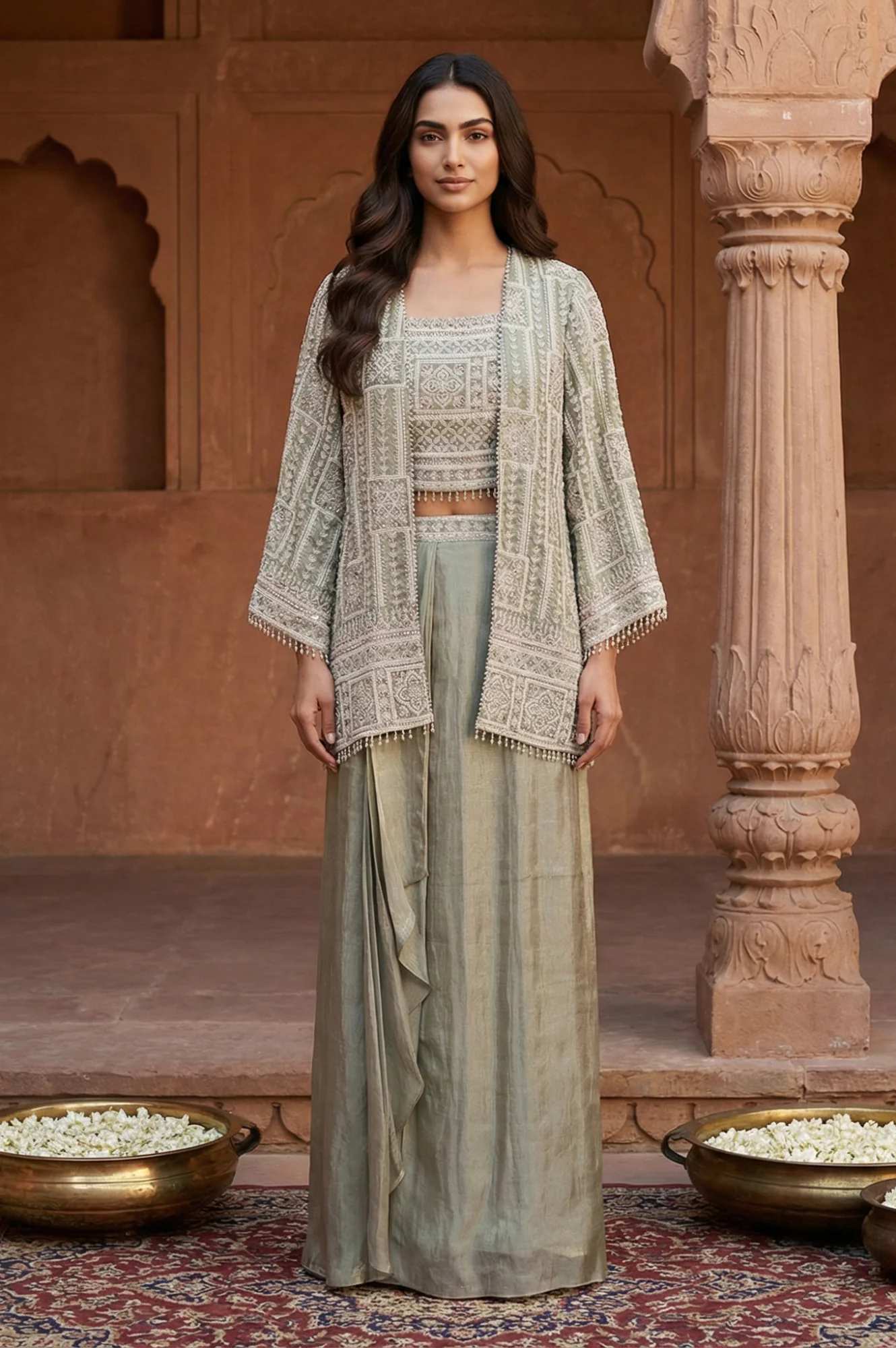 Green Embroidered Geometric Zari Tissue Straight Crop Top with Skirt and Jacket Set