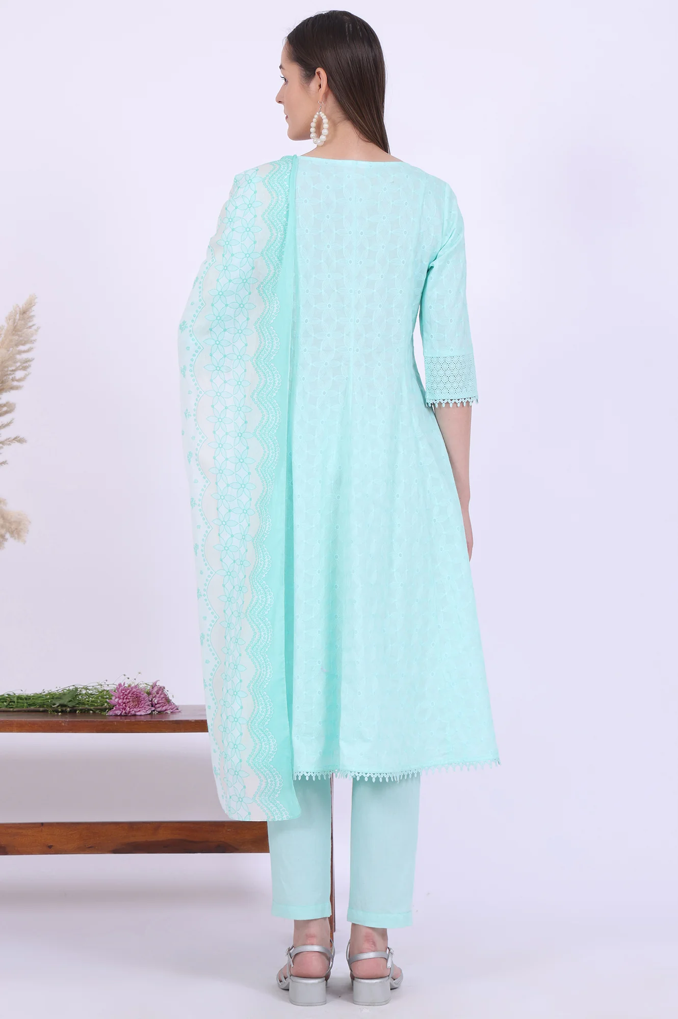 Green Embroidered Pure Cotton Anarkali with Trousers & Dupatta Set - Image 6