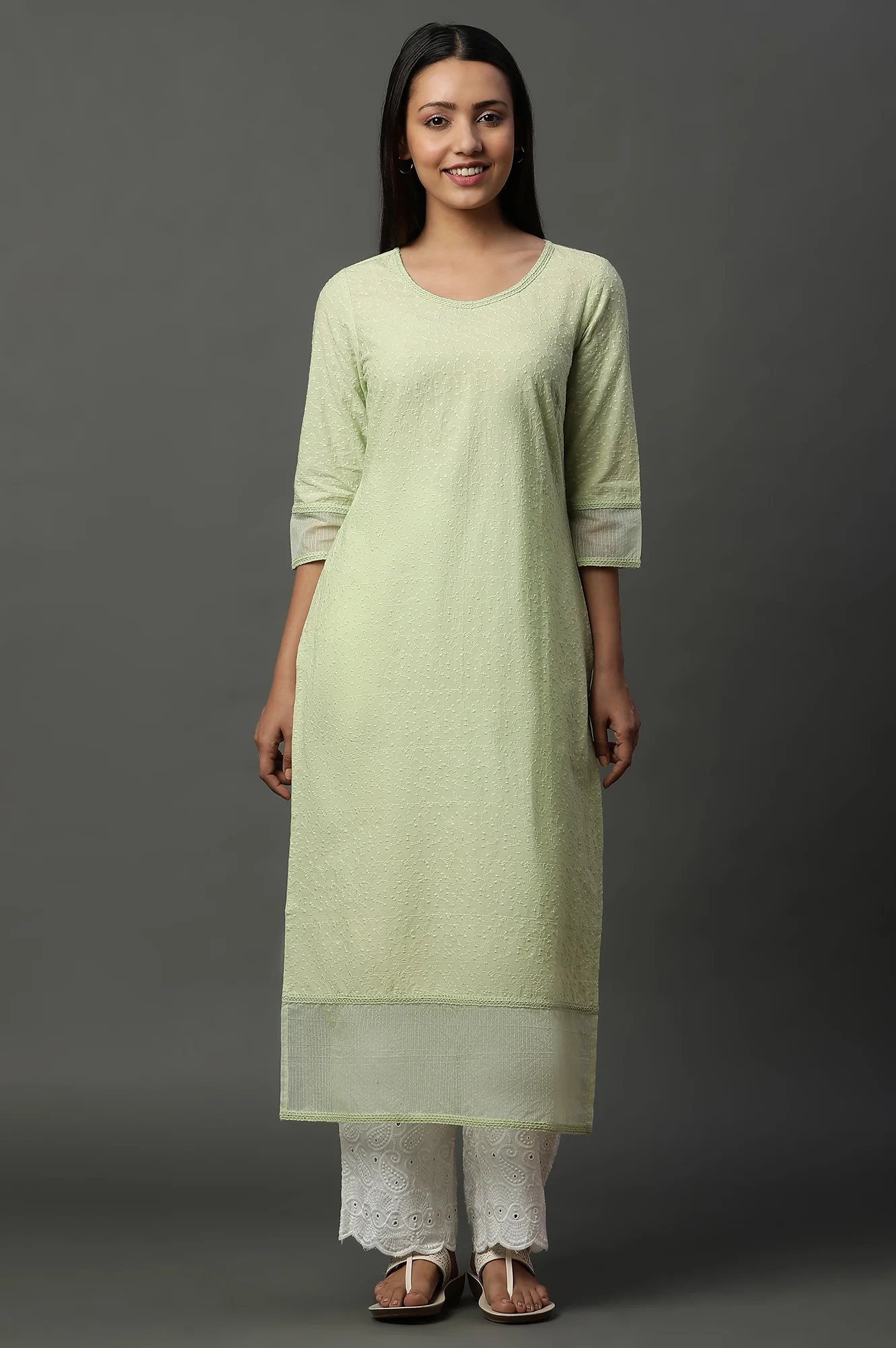 Green Embroidered Schiffli Kurta - Image 2