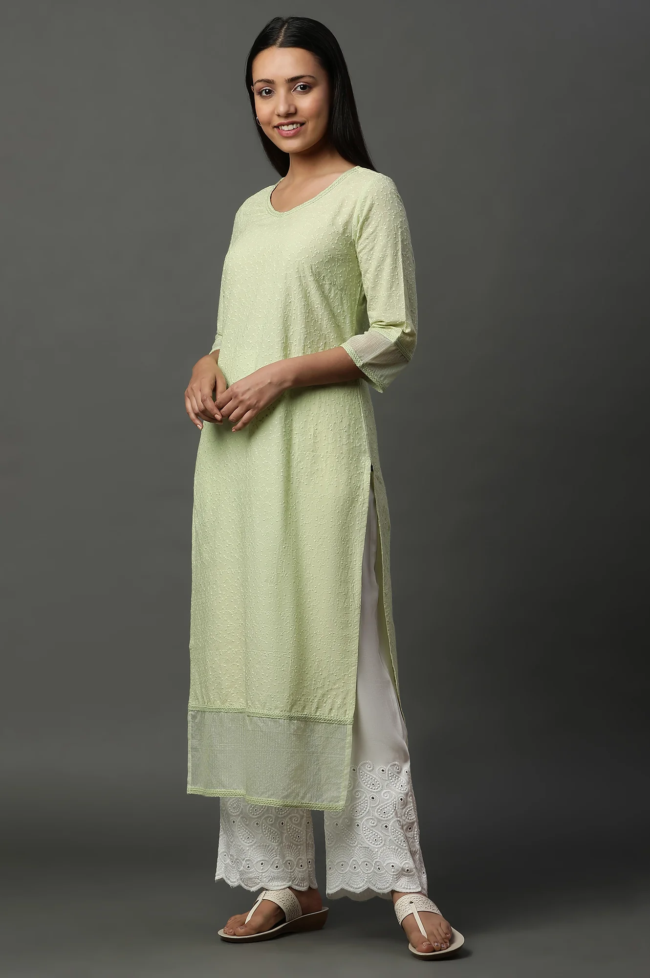 Green Embroidered Schiffli Kurta - Image 3
