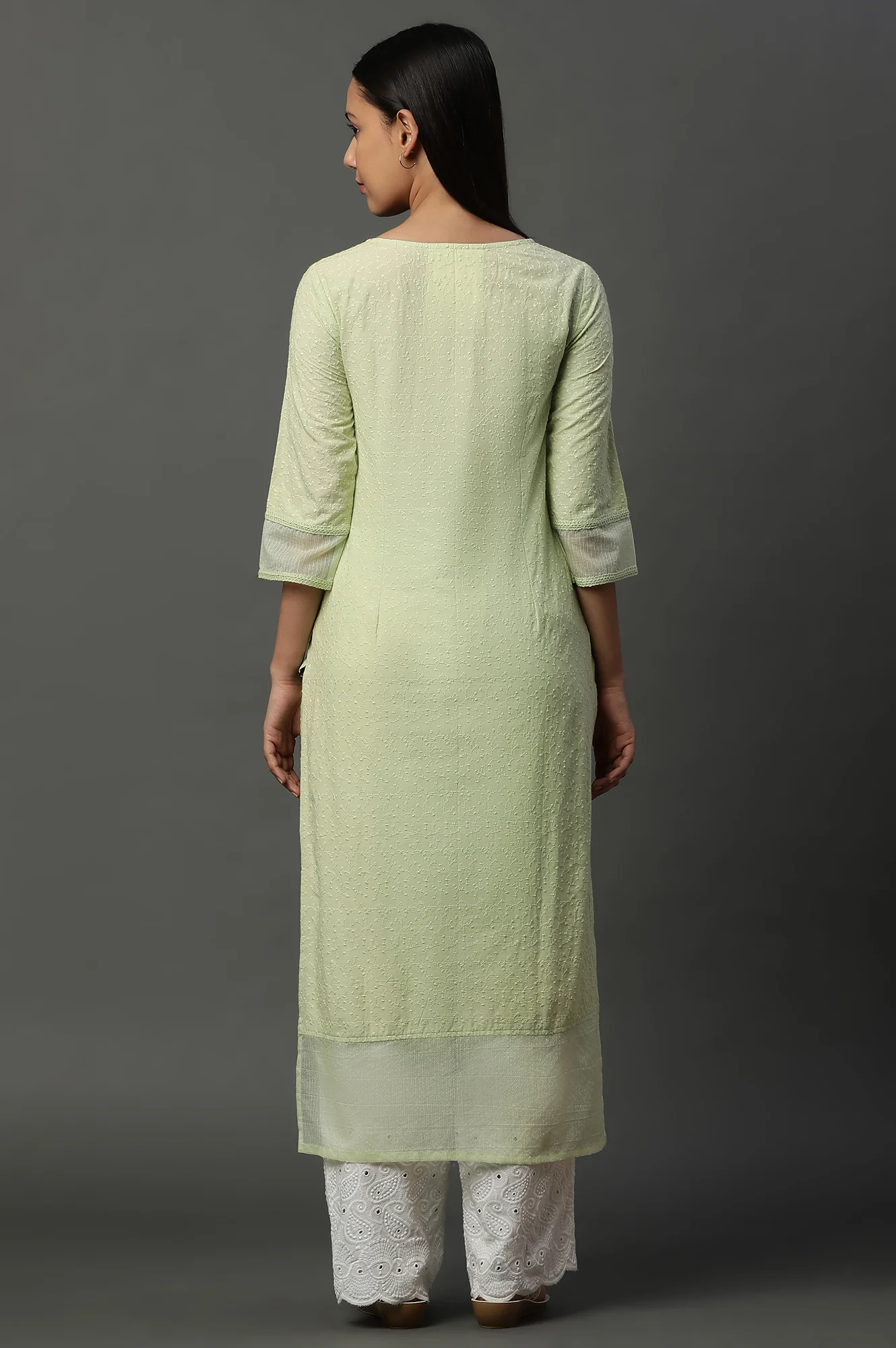 Green Embroidered Schiffli Kurta - Image 4