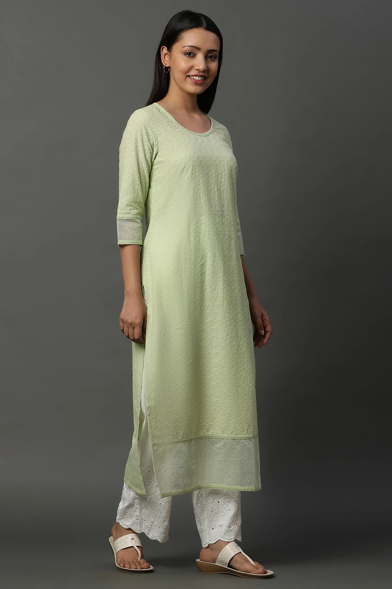 Green Embroidered Schiffli Kurta - Image 5