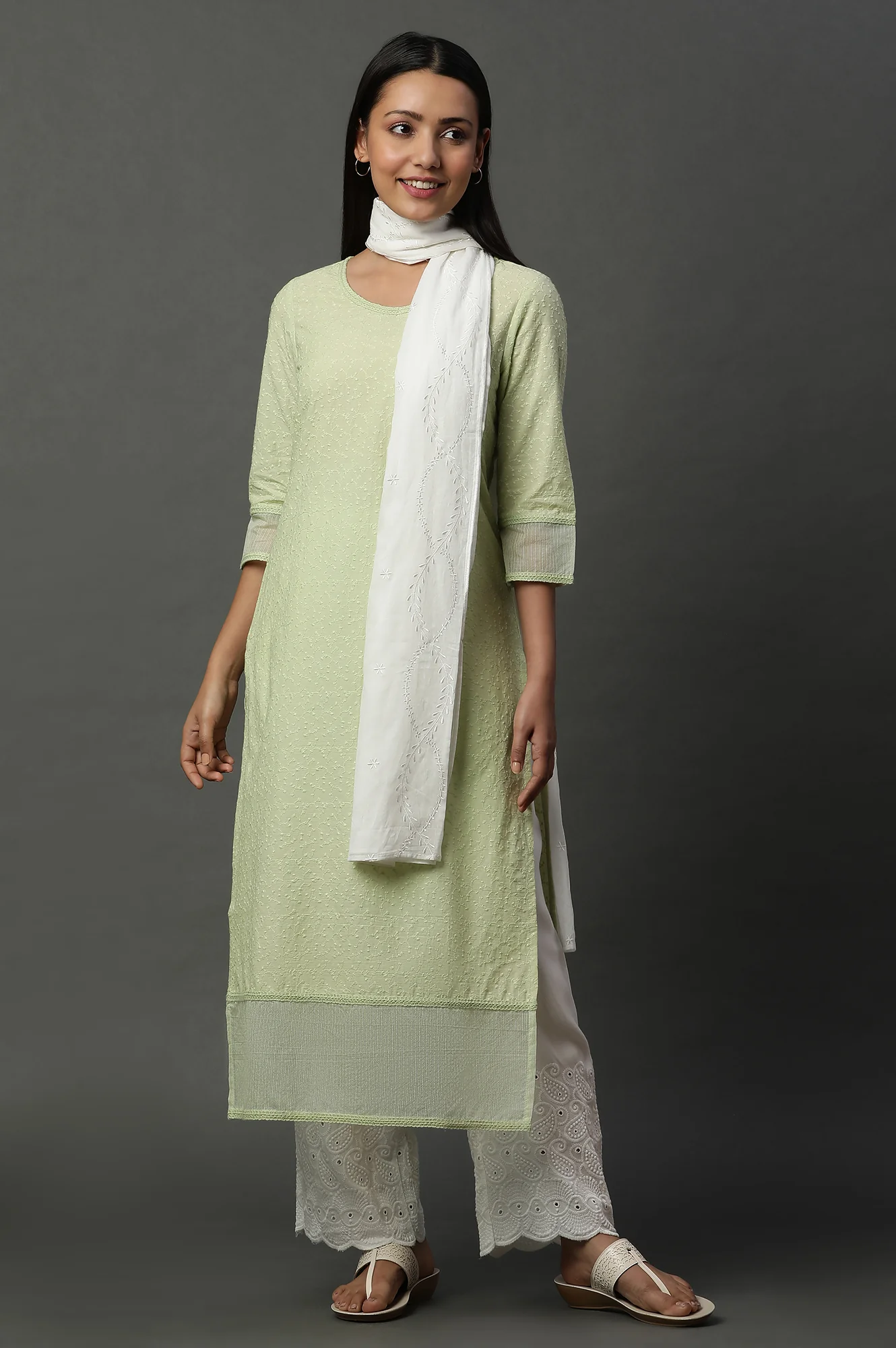 Green Embroidered Schiffli Kurta - Image 6