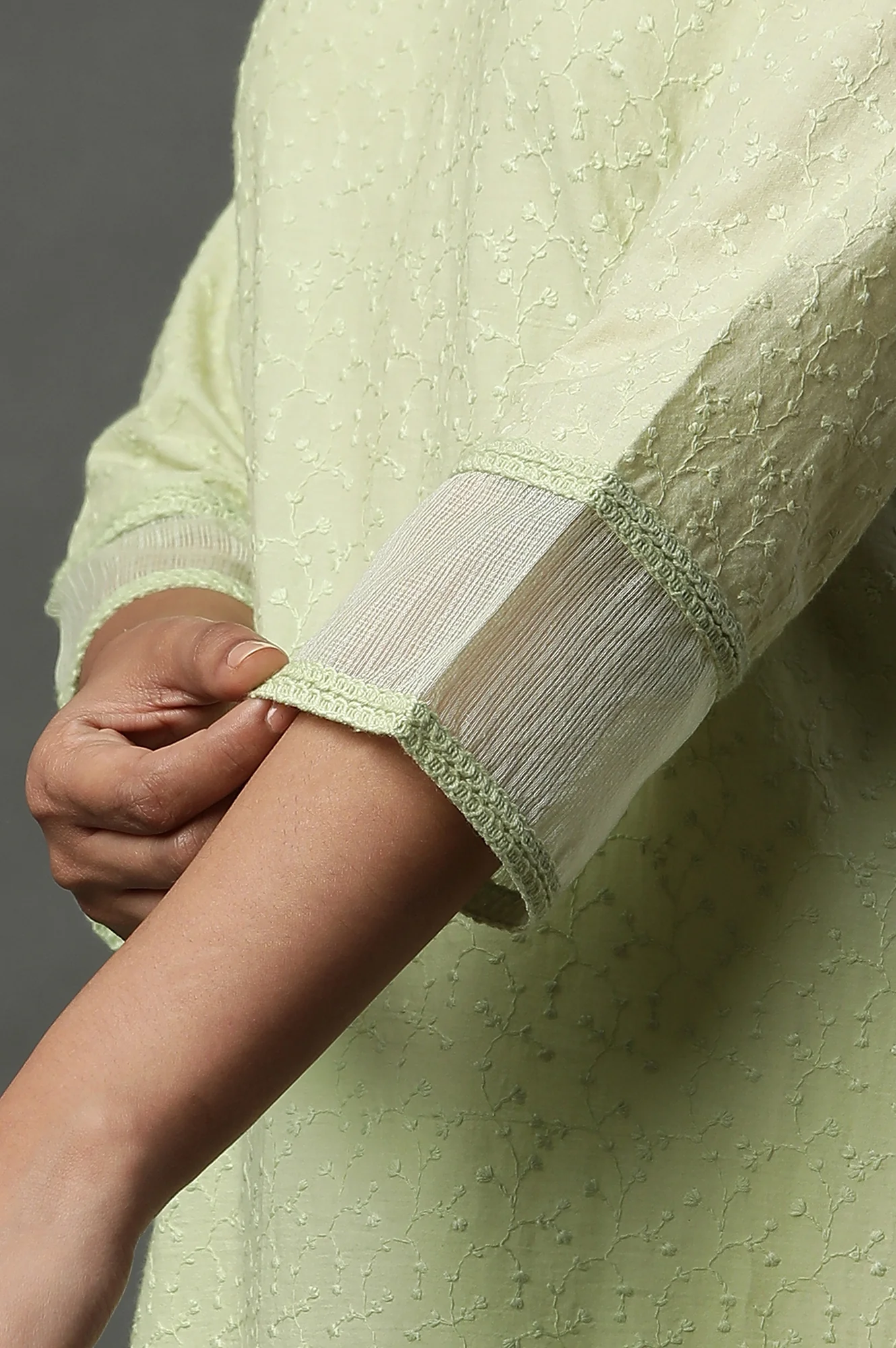 Green Embroidered Schiffli Kurta - Image 8