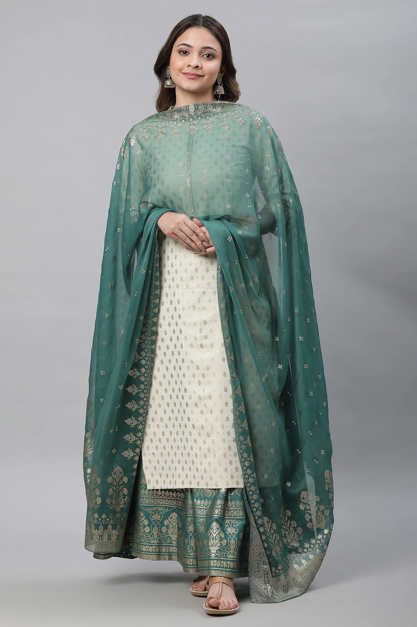 Green Floral Gold Printed Rectangular Woven Dupatta - Image 2