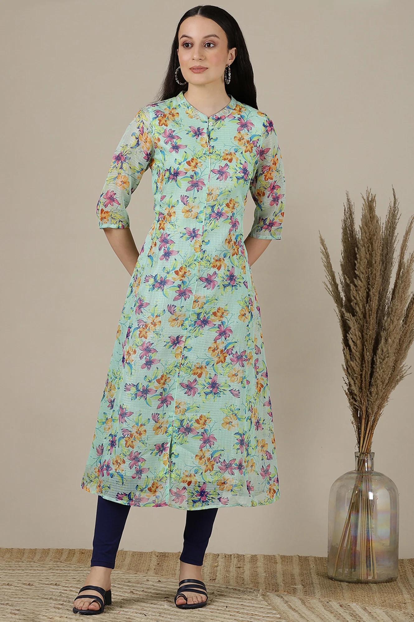 Green Floral Printed A-line Kota Kurta - Image 2