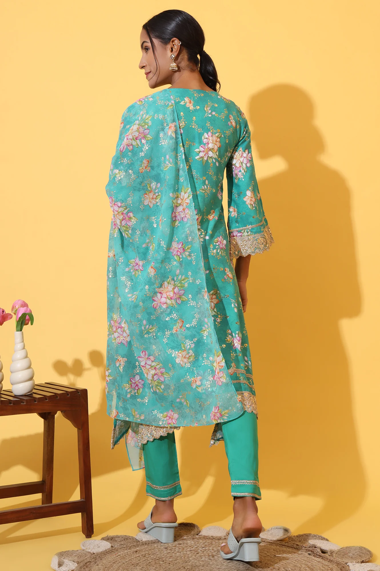Green Floral Printed A-line Kurta, Trousers and Stole Set - Image 6