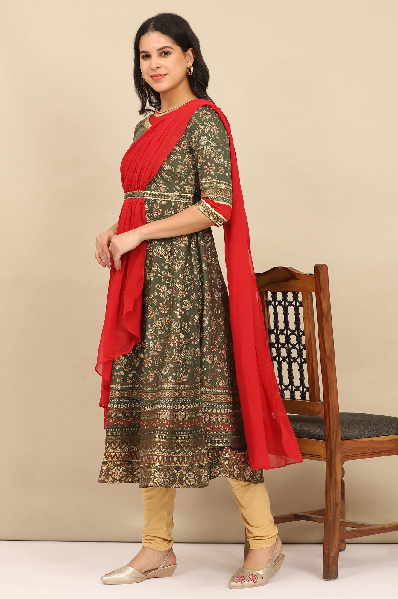 Green Floral Printed Attached Draped Flared Dress and Leggings Set - Image 4