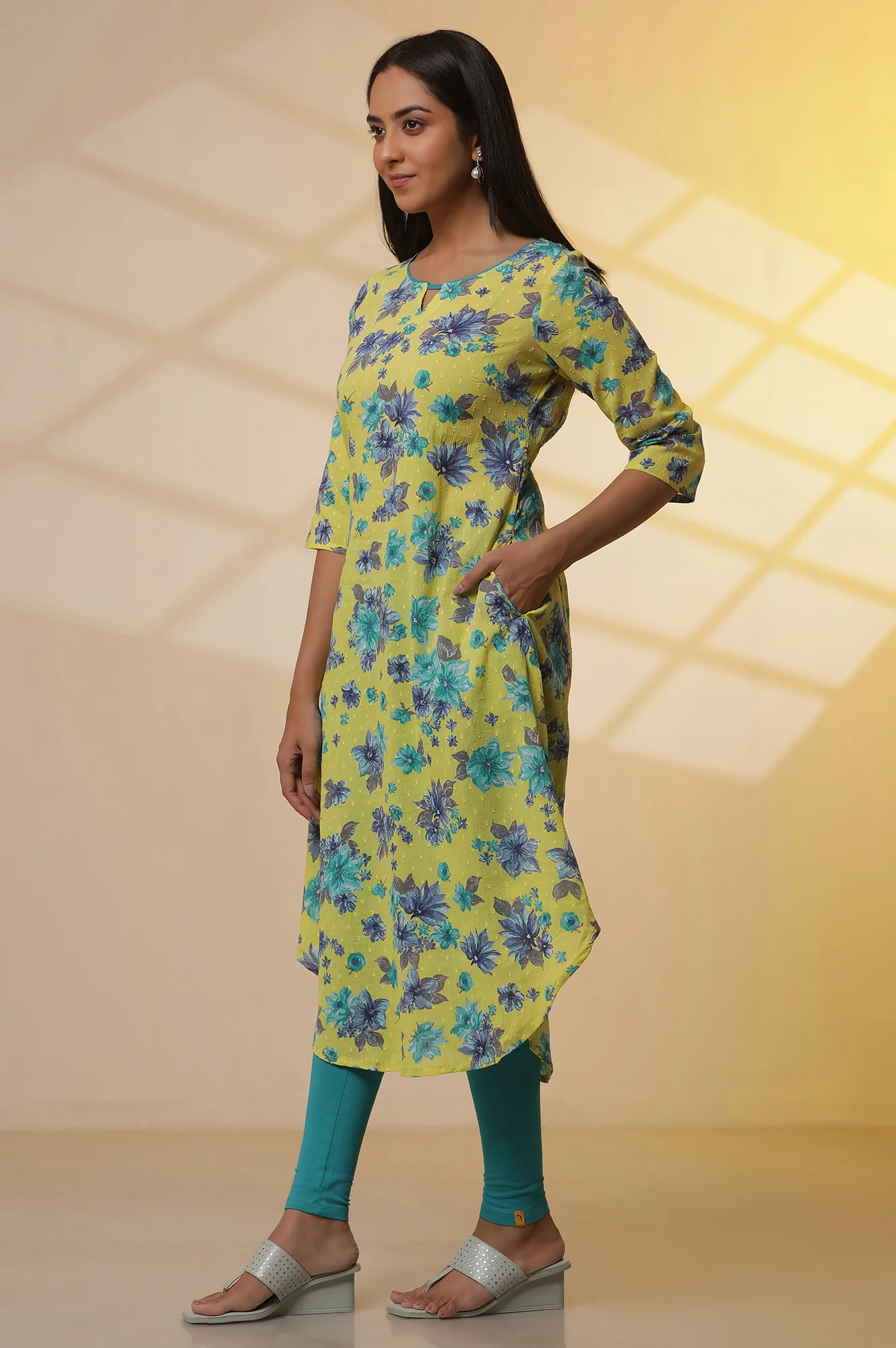Green Floral Printed Cotton Asymmetrical Kurta, Tights and Dupatta Set - Image 3