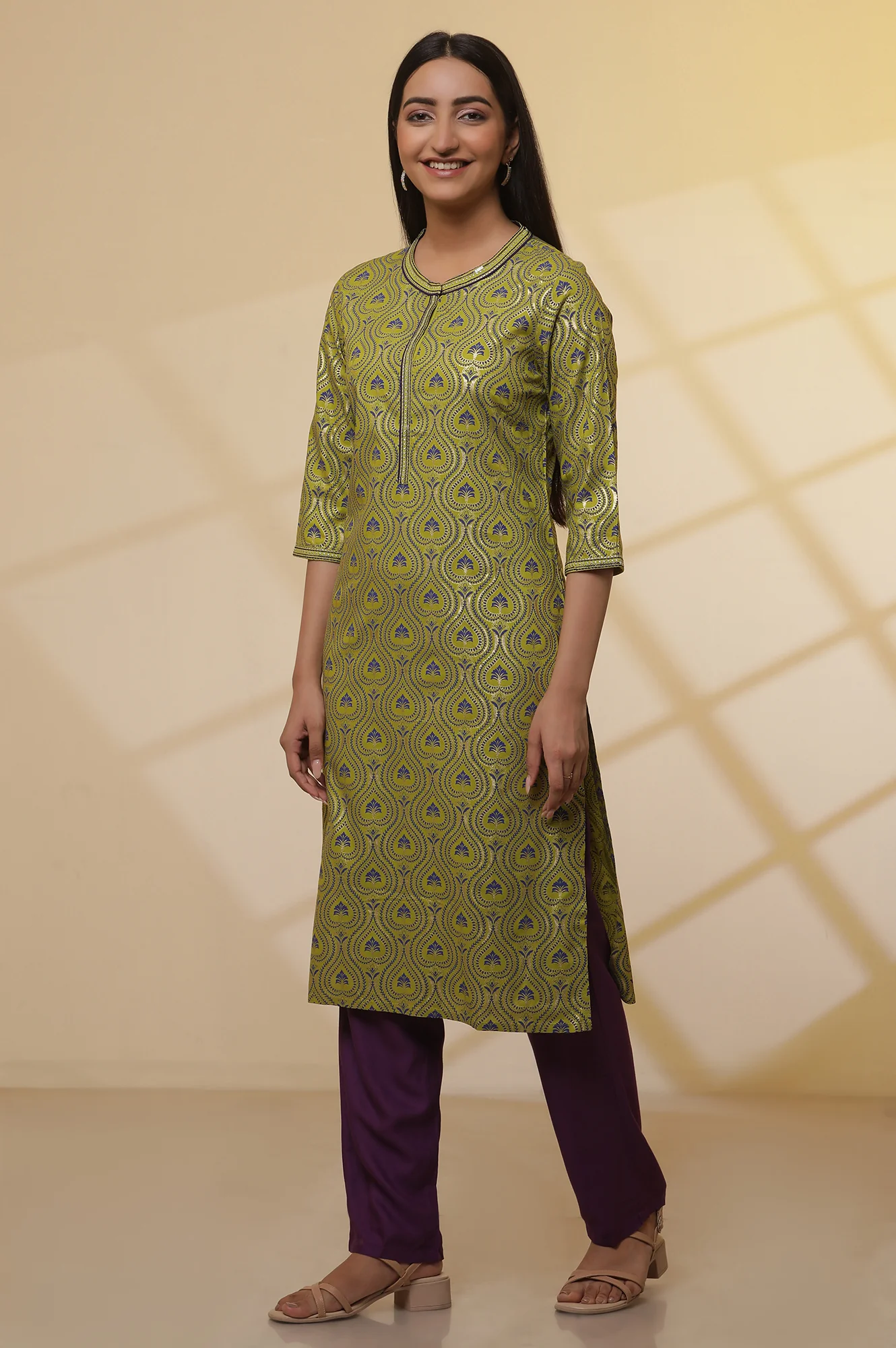 Green Floral Printed Embroidered Kurta, Purple Palazzo and Dupatta Set - Image 3
