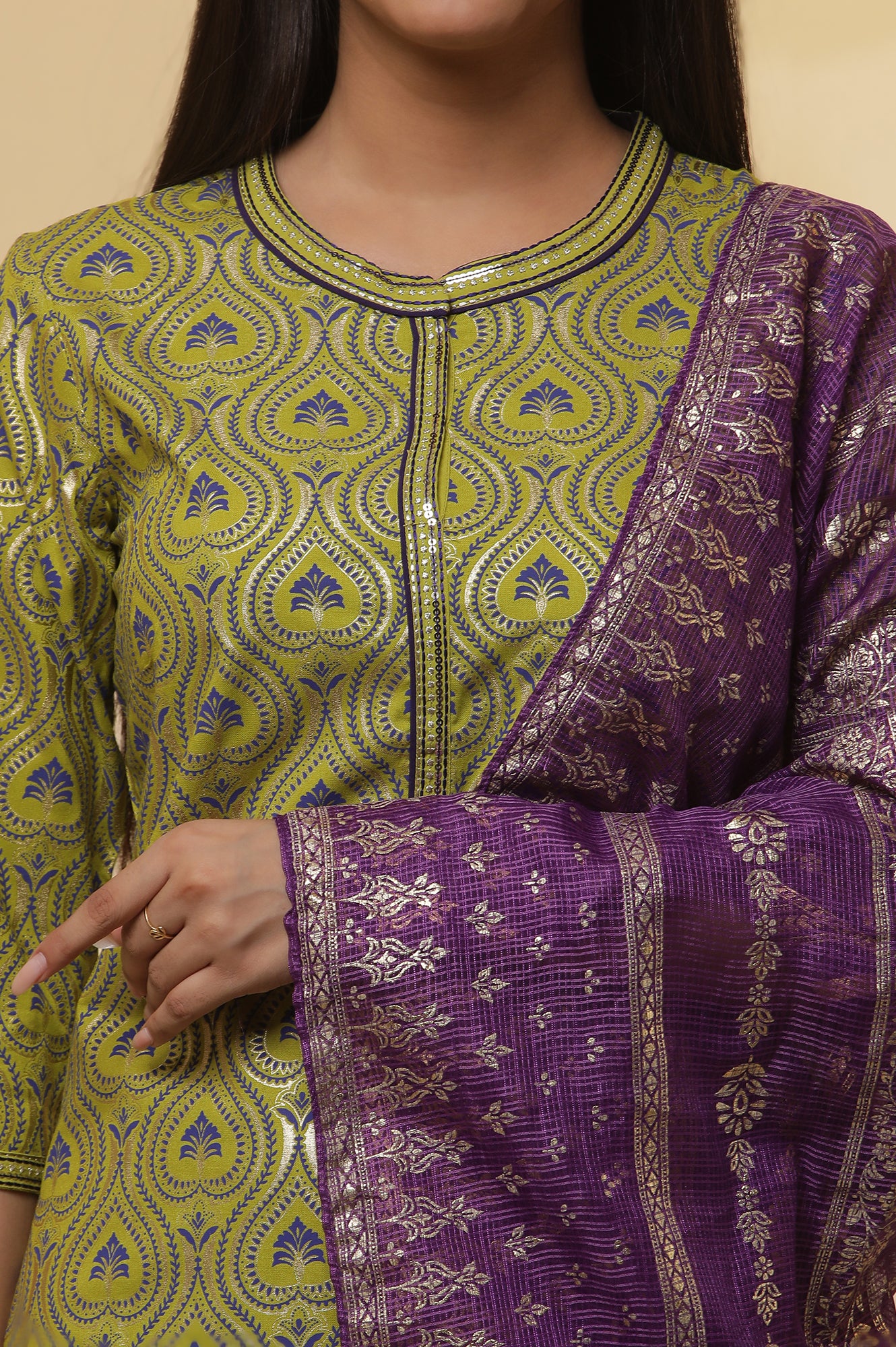 Green Floral Printed Embroidered Kurta, Purple Palazzo and Dupatta Set - Image 6