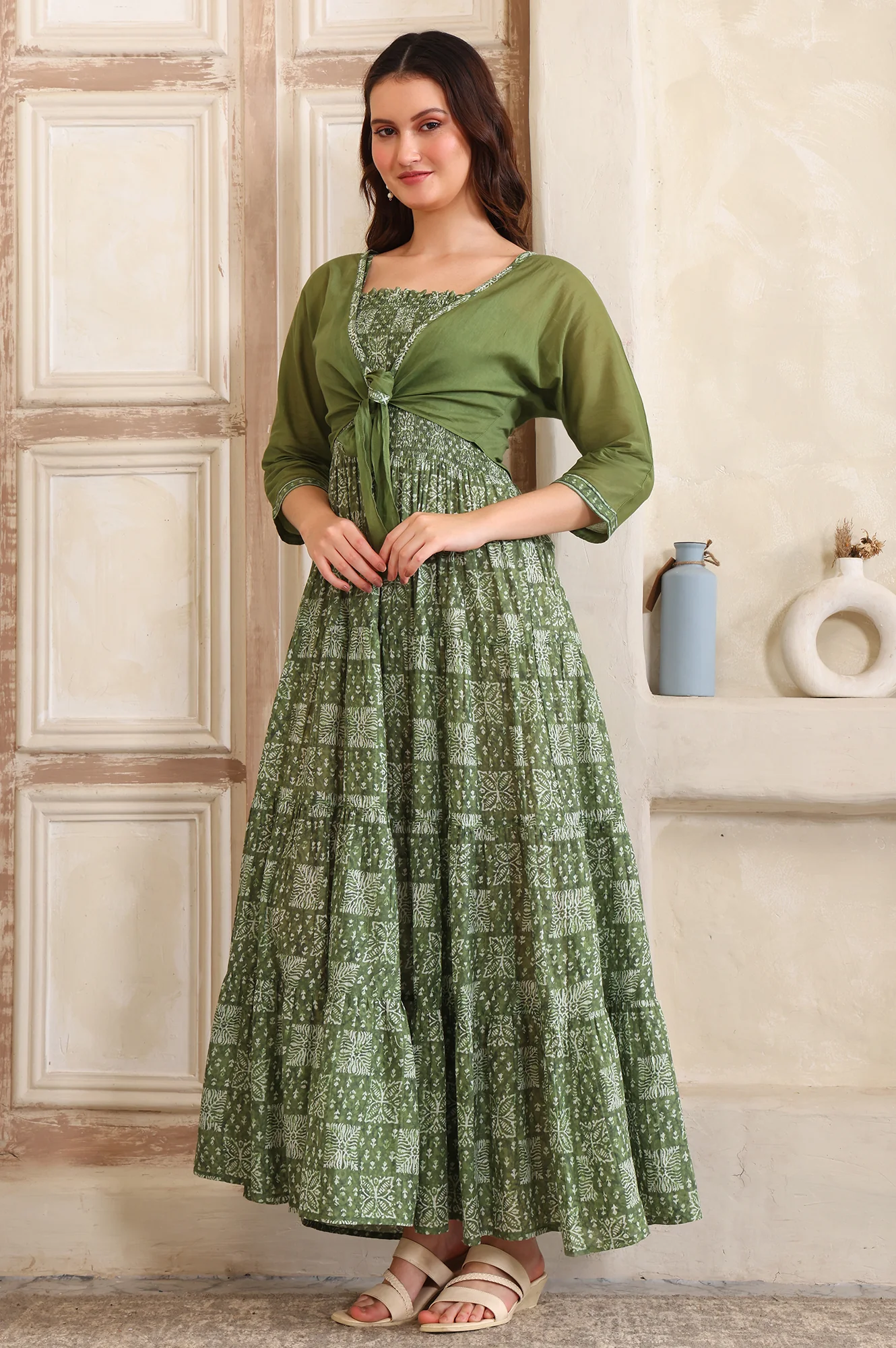 Green Floral Printed Flared Pure Cotton Spaghetti Dress and Crop Jacket Set - Image 4