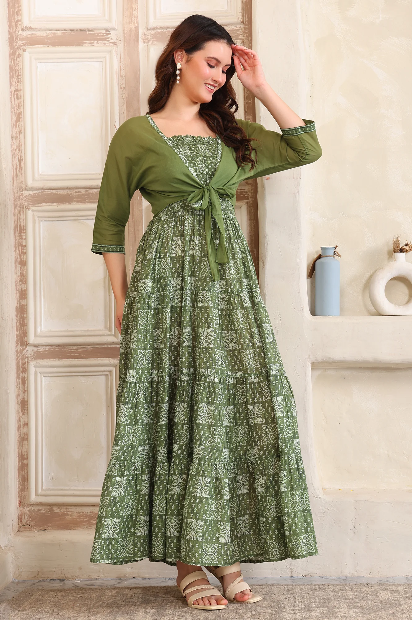 Green Floral Printed Flared Pure Cotton Spaghetti Dress and Crop Jacket Set - Image 6