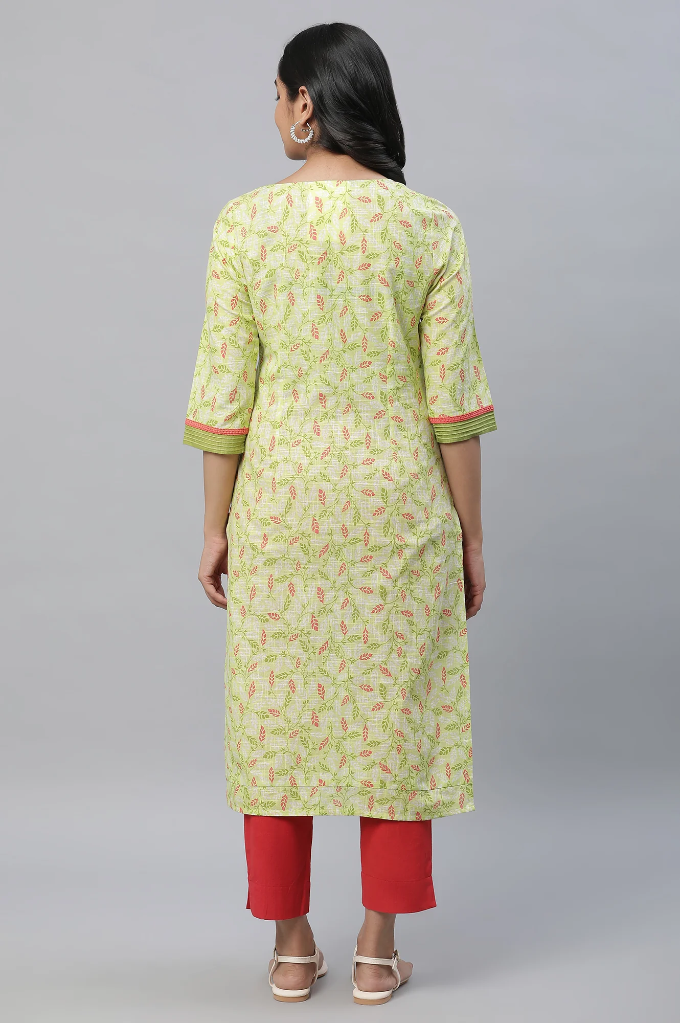 Green Floral Printed Lace Straight Kurta - Image 4