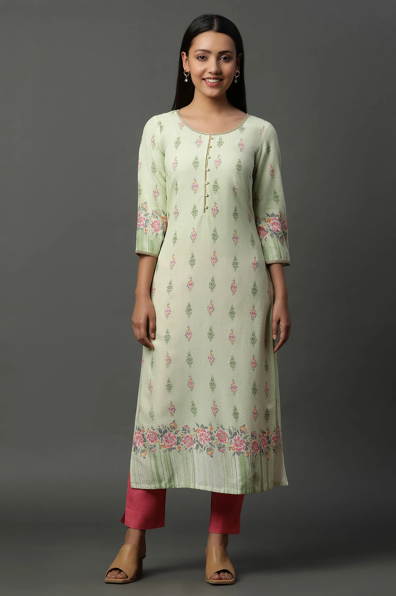 Green Floral Printed Straight Kurta - Image 2
