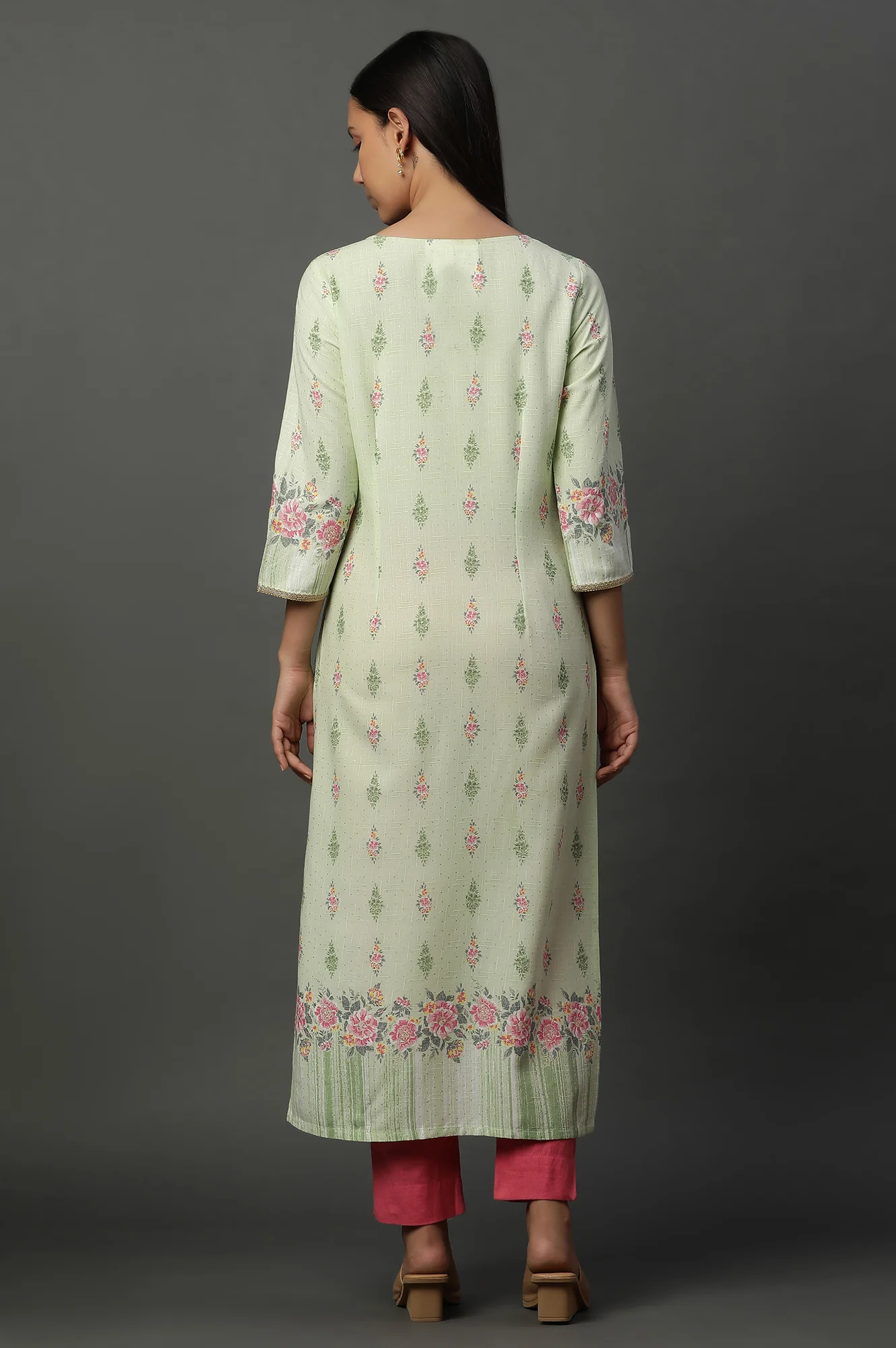 Green Floral Printed Straight Kurta - Image 4