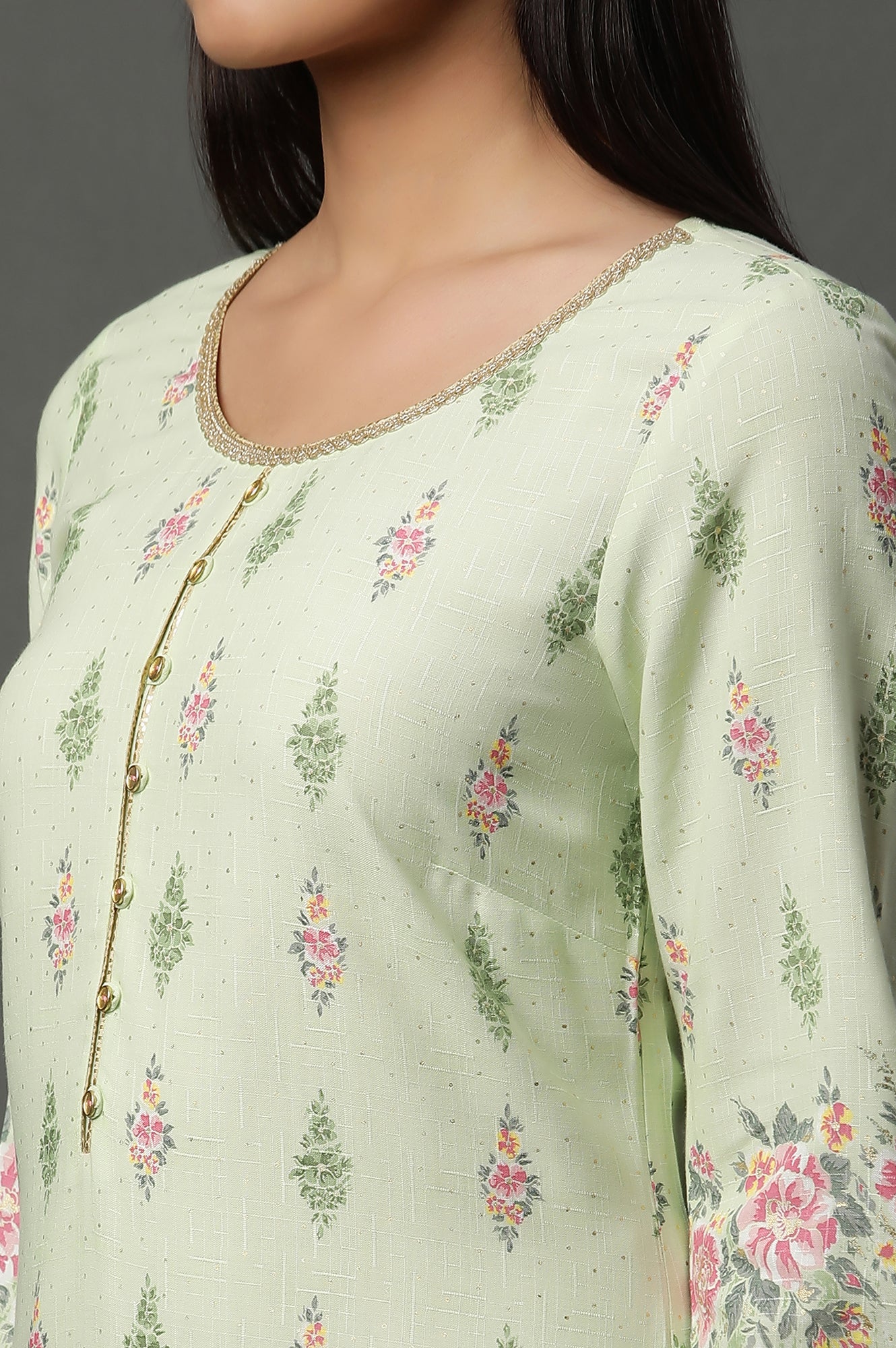 Green Floral Printed Straight Kurta - Image 7