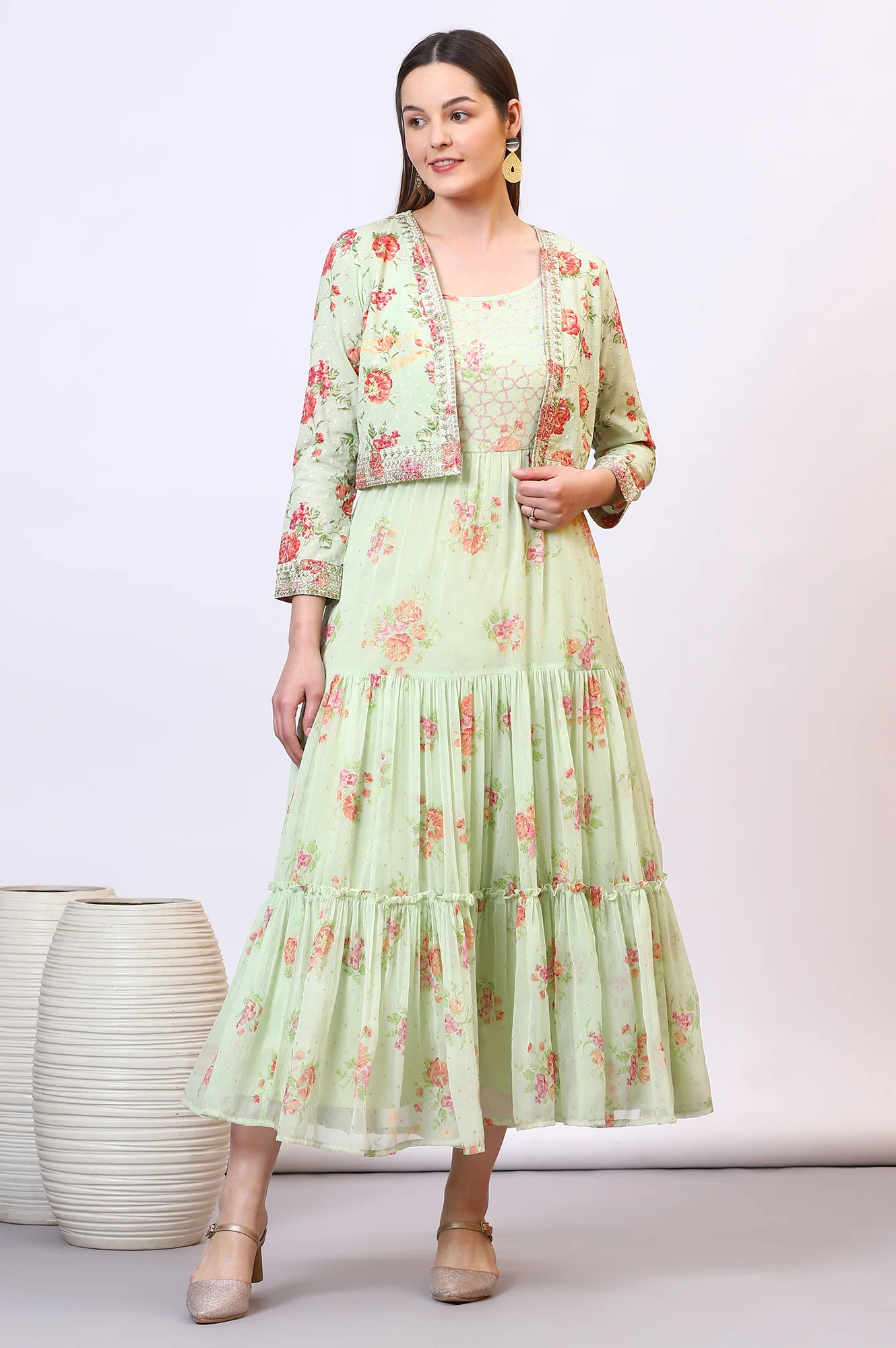 Green Floral Printed Tiered Spaghetti Dress and Short Jacket Set - Image 3