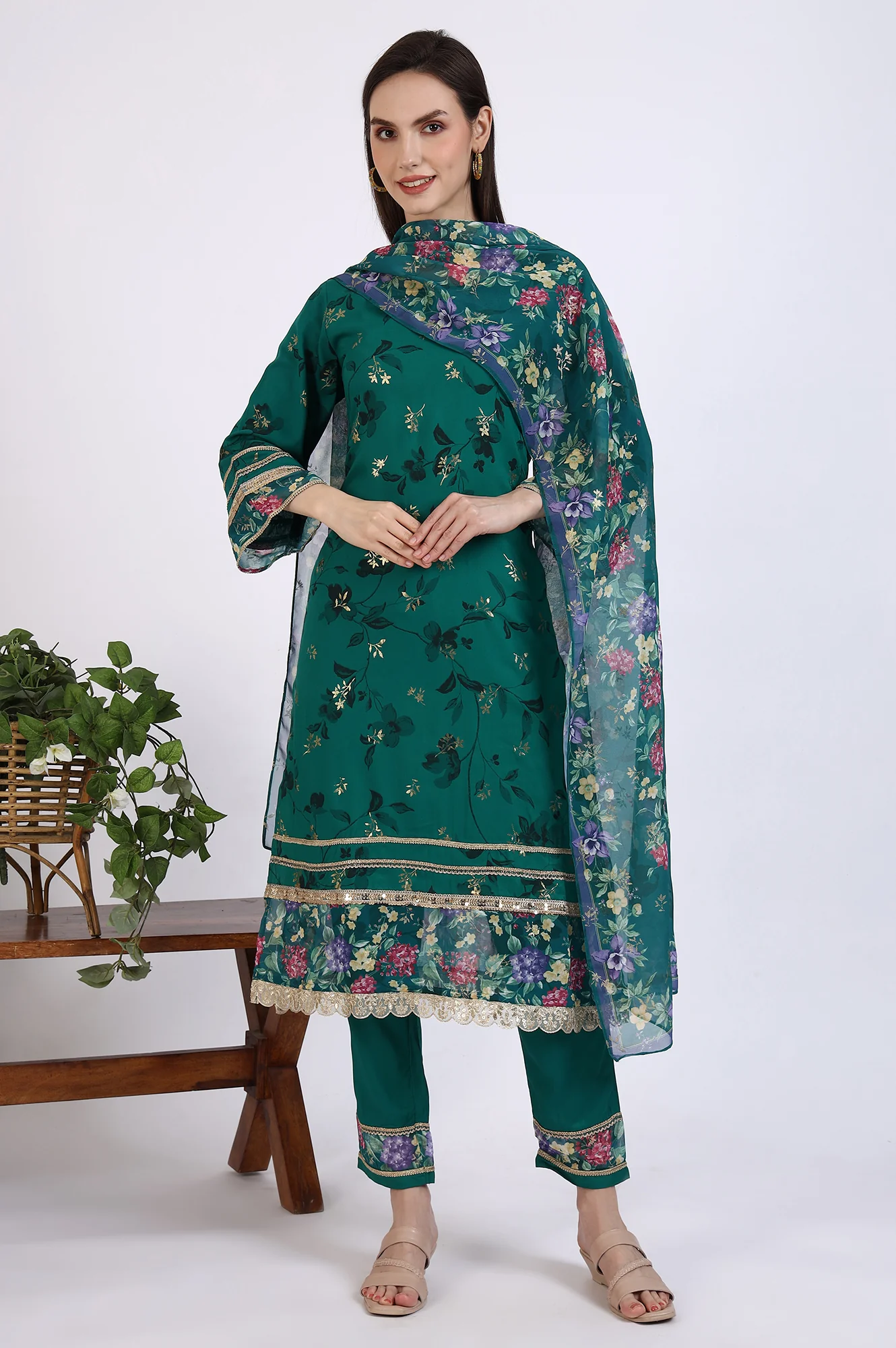 Green Foil Floral Printed Embellished A-line Kurta, Trousers and Stole Set - Image 2