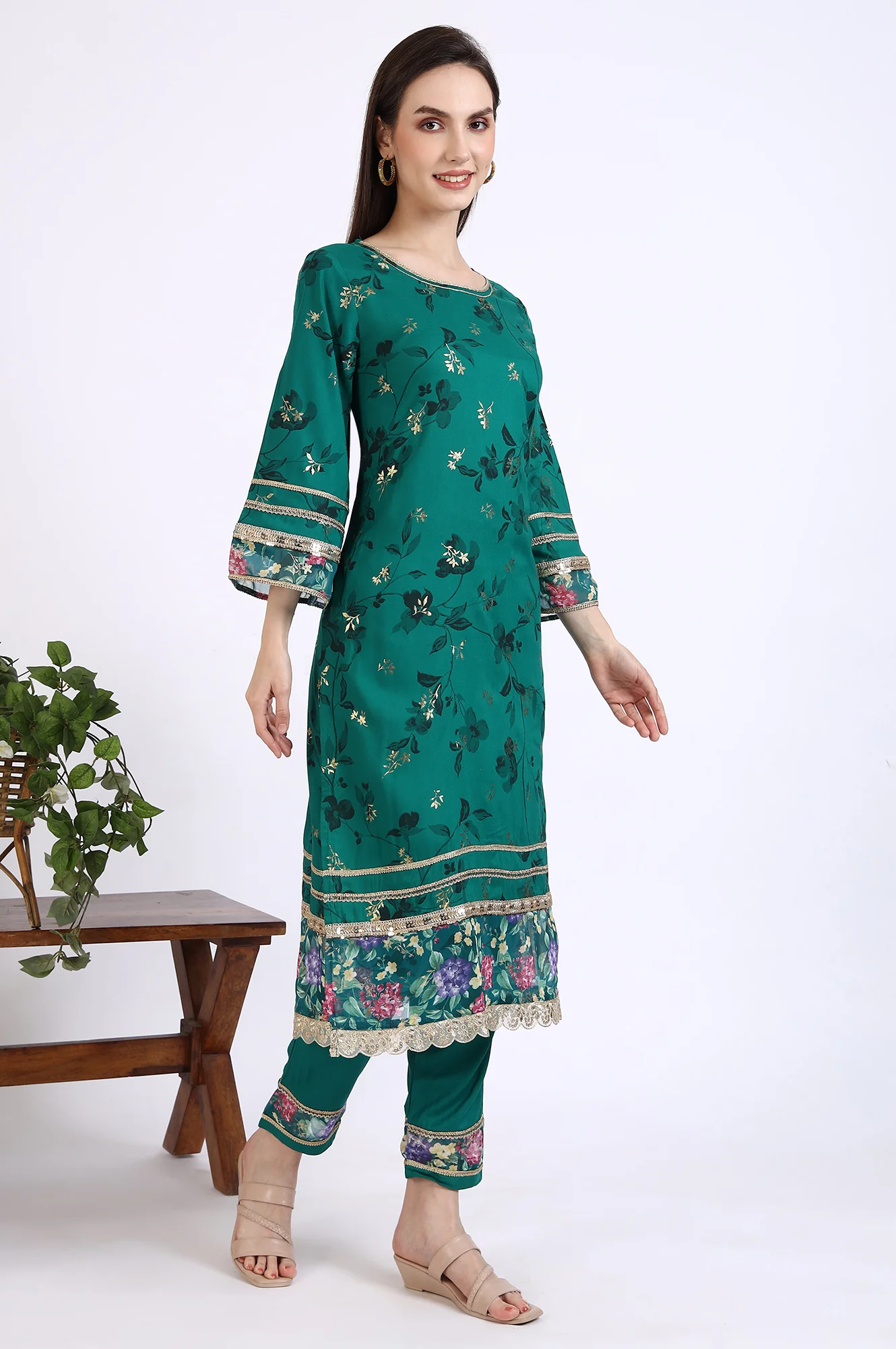 Green Foil Floral Printed Embellished A-line Kurta, Trousers and Stole Set - Image 7