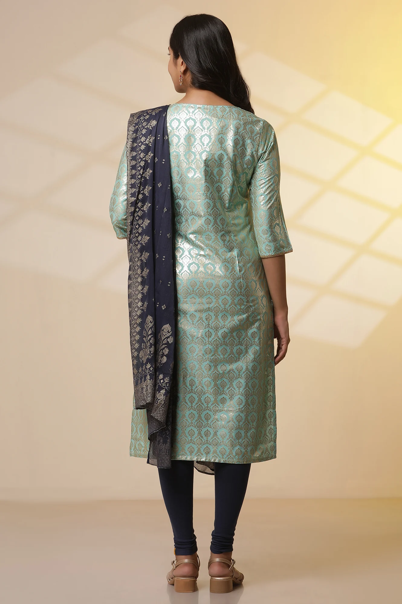 Green Foil Printed Embellished Kurta, Blue Cotton Tights and Dupatta Set - Image 4