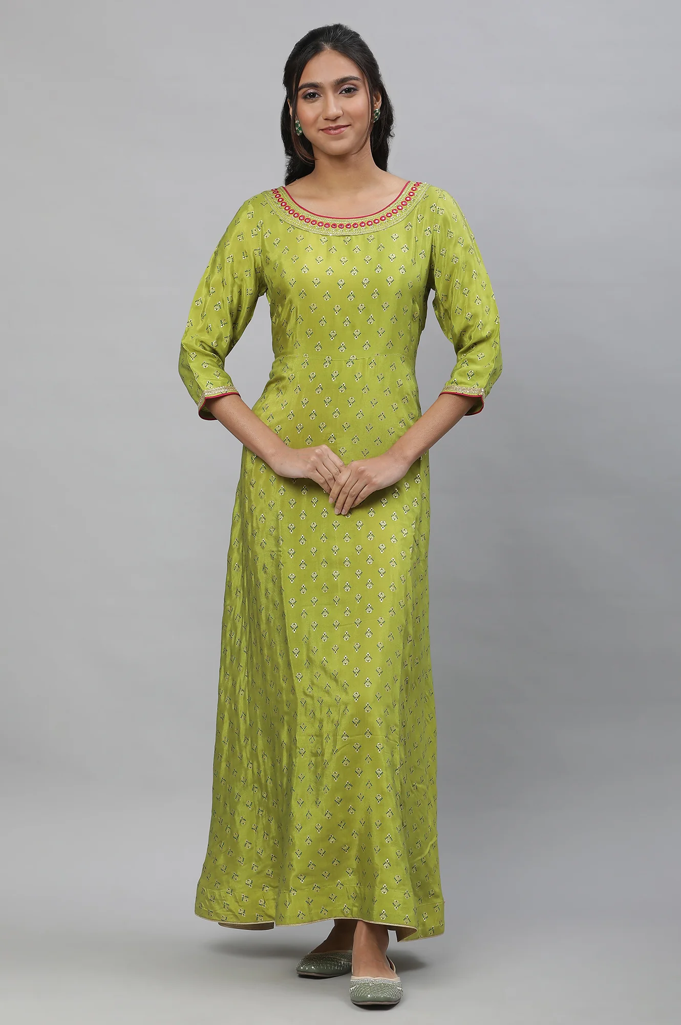 Green Foil Printed Festive Flared Kurta - Image 2