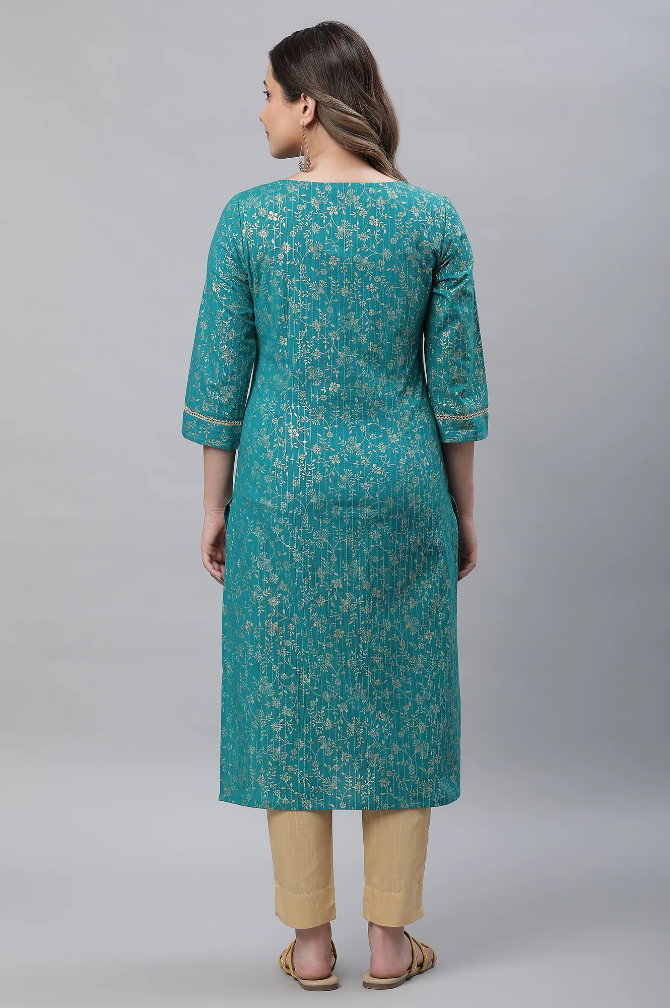 Green Foil Printed Festive Kurta with Sequin Lace - Image 3