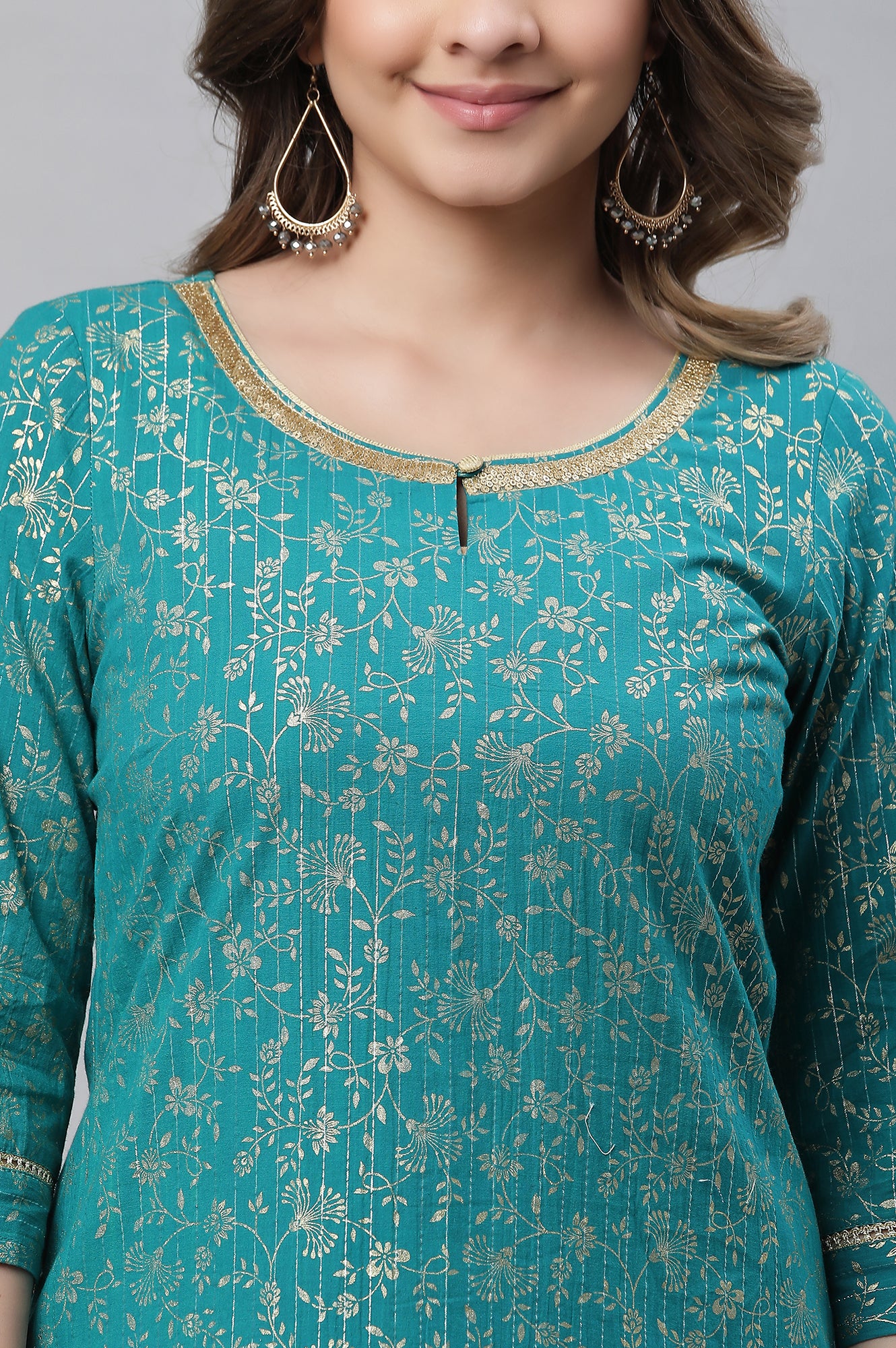 Green Foil Printed Festive Kurta with Sequin Lace - Image 6
