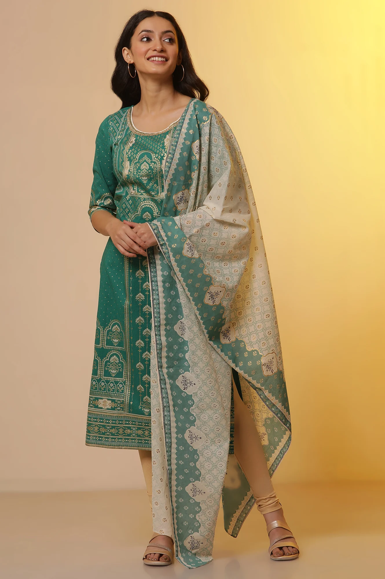 Green Foil Printed Kurta, Tights and Dupatta Set - Image 2
