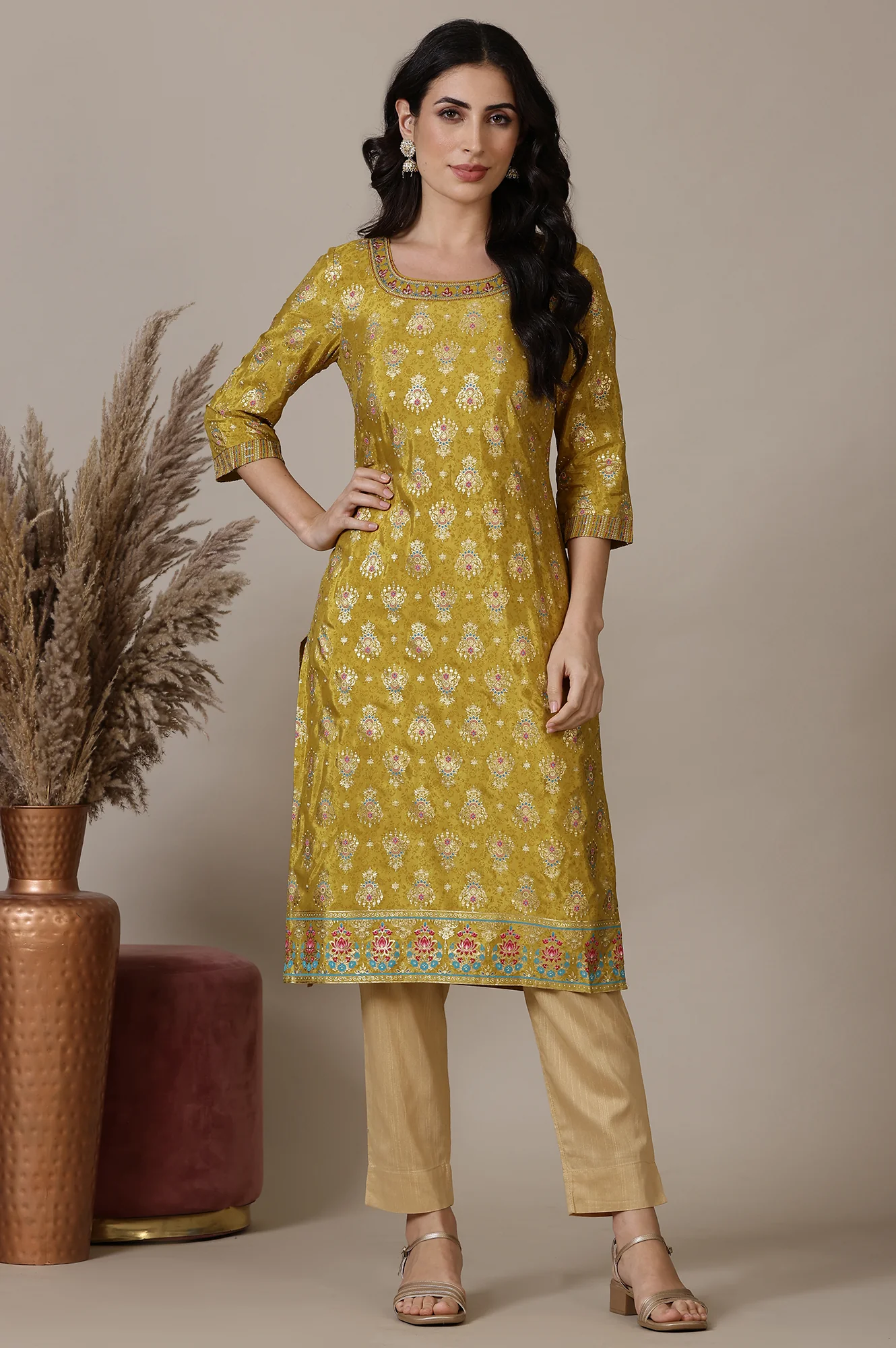 Green Foil Printed Straight Kurta with Zari Embroidery - Image 2