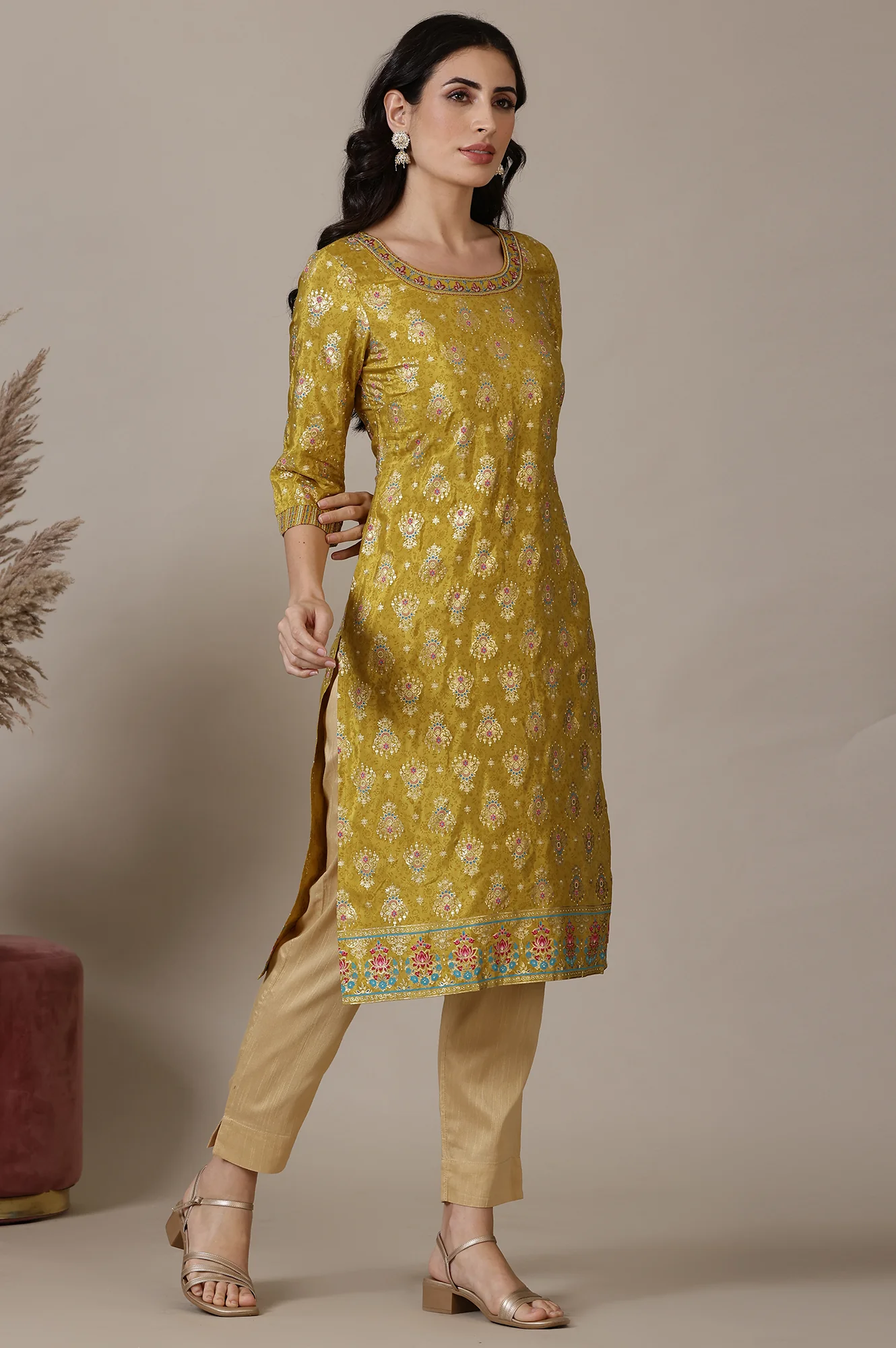Green Foil Printed Straight Kurta with Zari Embroidery - Image 5