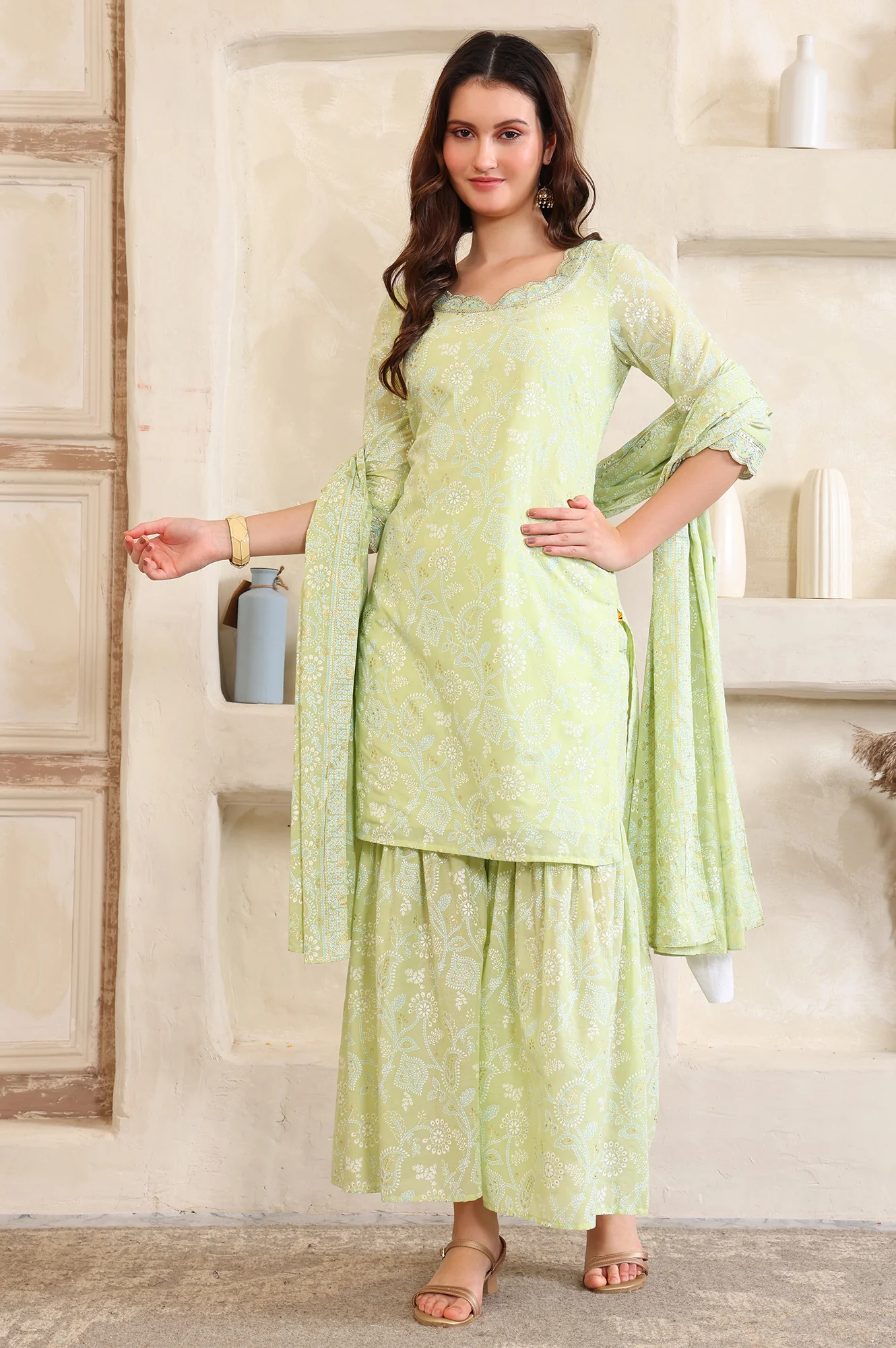 Green Foil Printed Zari Embroidered Straight Pure Cotton Kurta and Sharara Set - Image 2