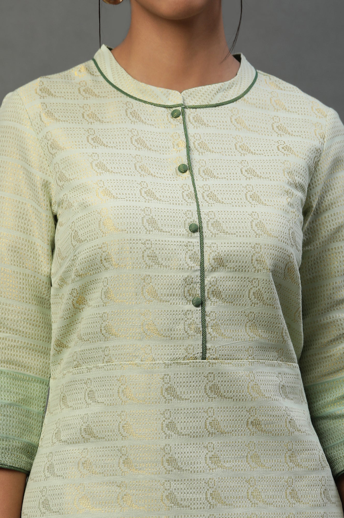 Green Geometric Print Zari Straight Cotton Kurta - Image 6