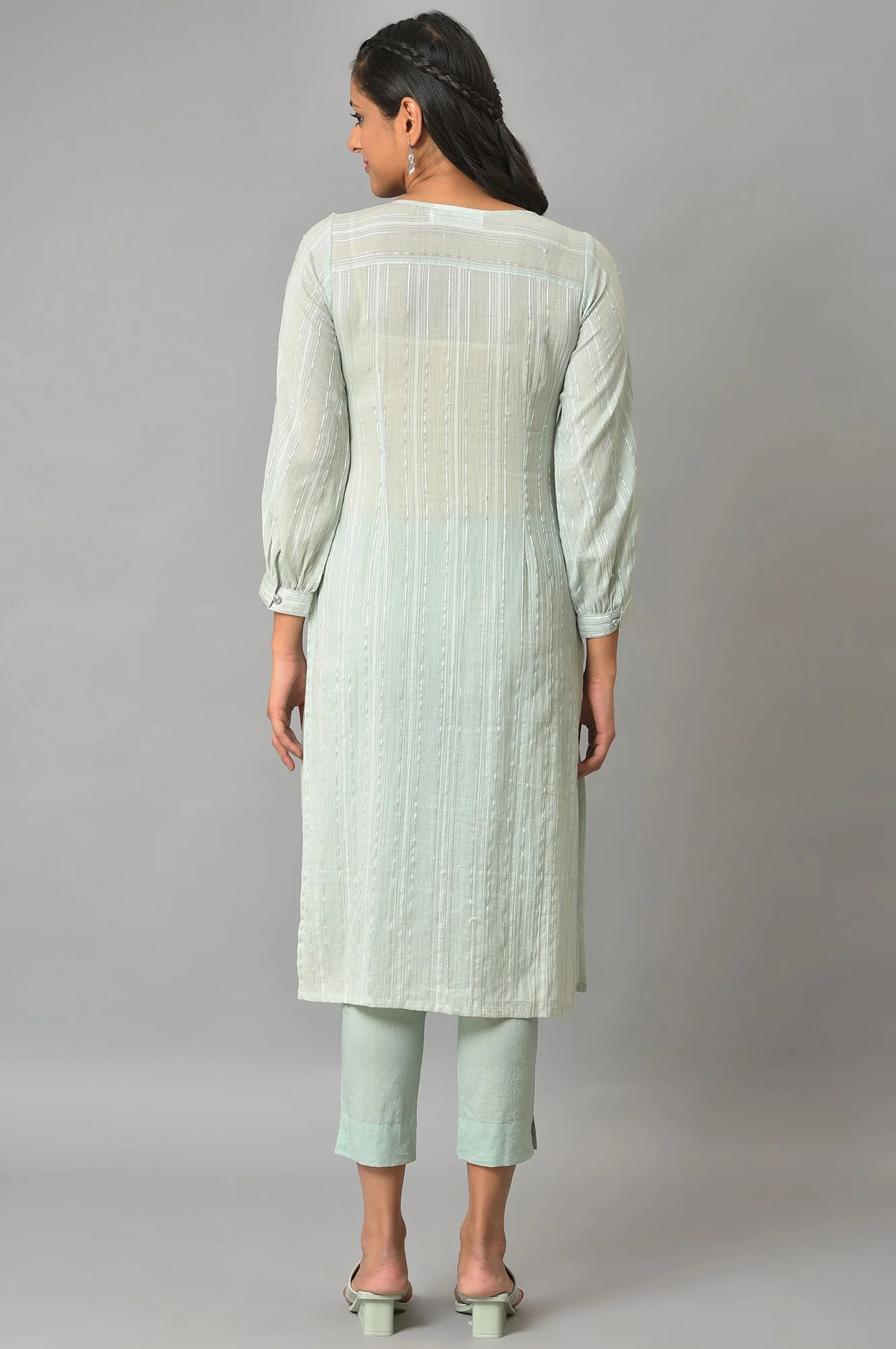 Green Leno Striped Straight Kurta and Trouser Set - Image 2